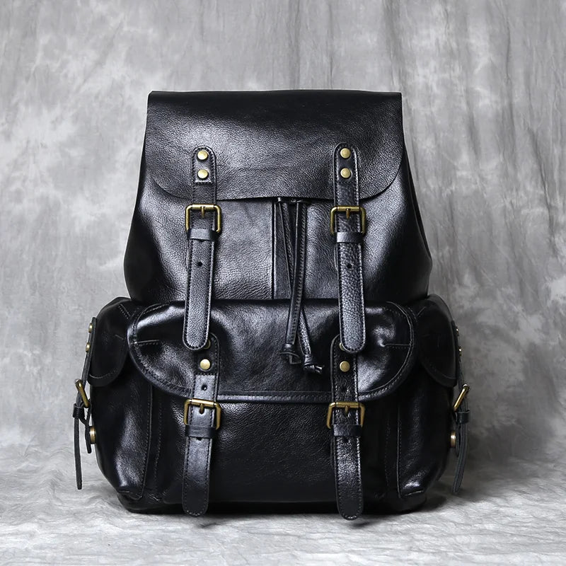 Crazy Horse Leather Men's Backpack-Backpacks-Black-Free Shipping Leatheretro