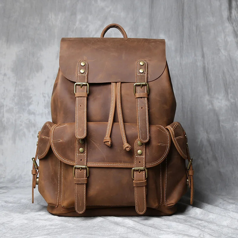 Crazy Horse Leather Men's Backpack-Backpacks-Retro Brown-Free Shipping Leatheretro
