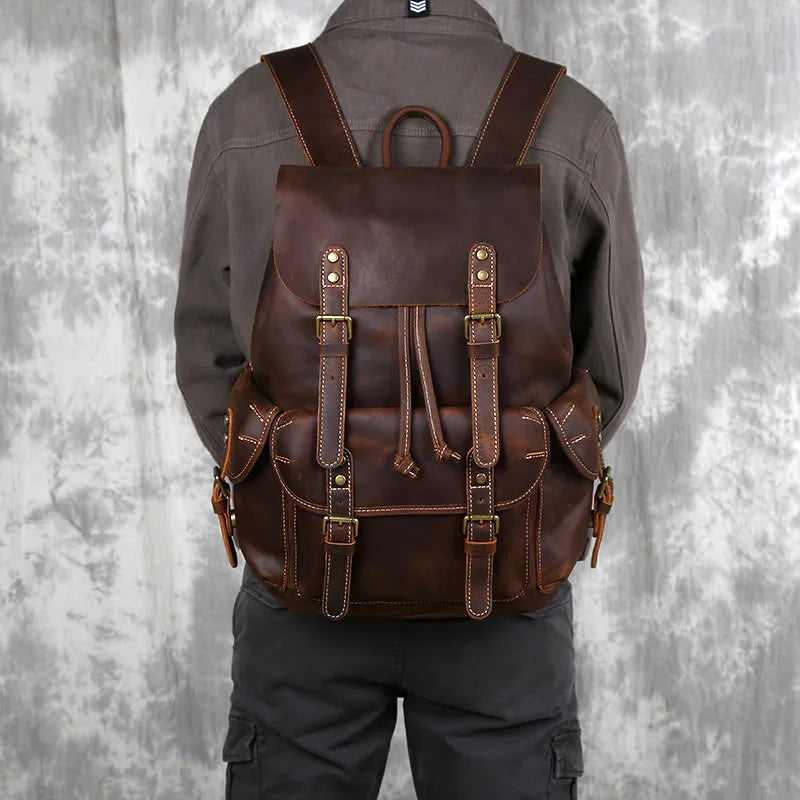 Crazy Horse Leather Men's Backpack-Backpacks-Brown-Free Shipping Leatheretro