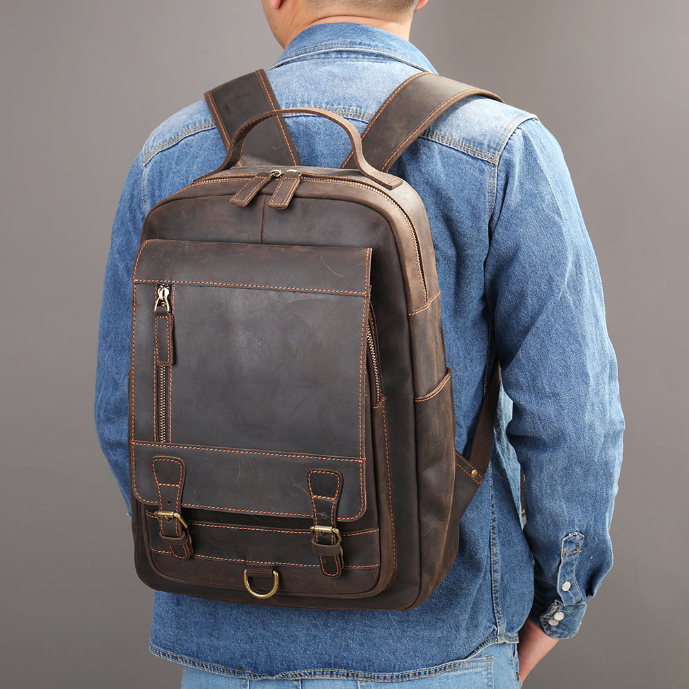 Crazy horse leather knapsack laptop backpack-Backpacks-Dark Coffee-Free Shipping Leatheretro