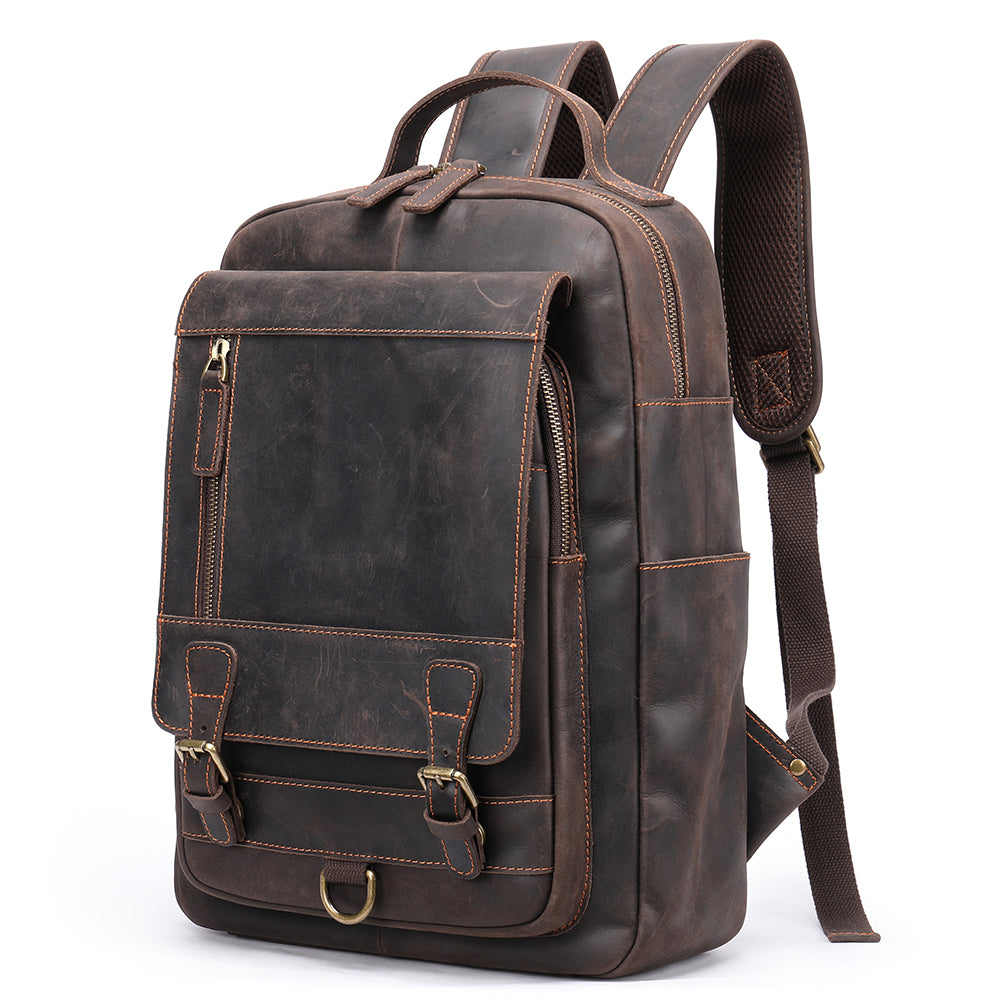 Crazy horse leather knapsack laptop backpack-Backpacks-Dark Coffee-Free Shipping Leatheretro