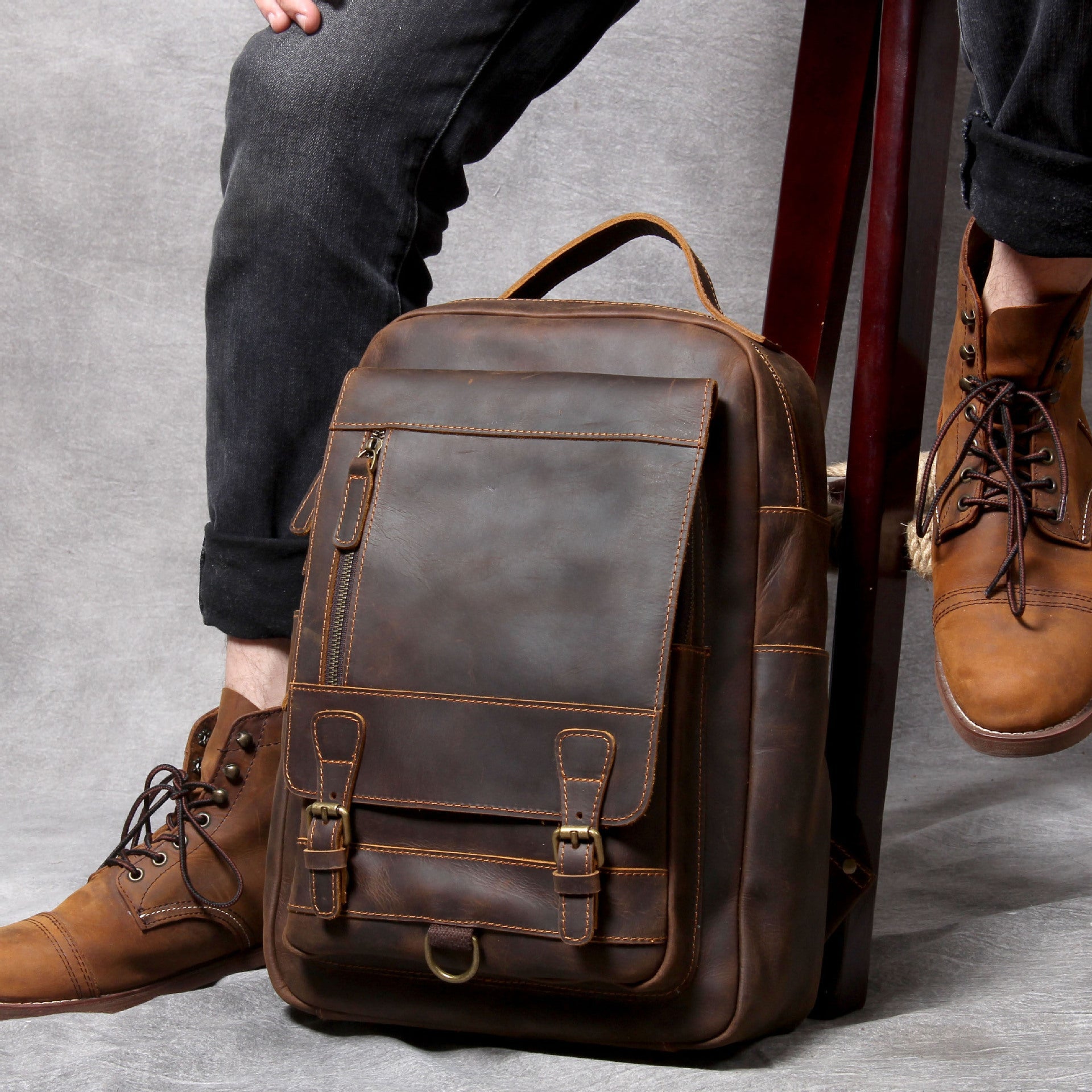 Crazy horse leather knapsack laptop backpack-Backpacks-Dark Coffee-Free Shipping Leatheretro