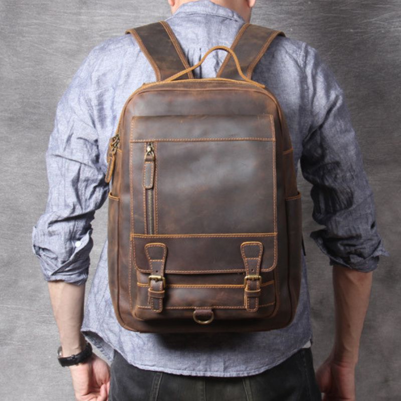 Crazy horse leather knapsack laptop backpack-Backpacks-Dark Coffee-Free Shipping Leatheretro
