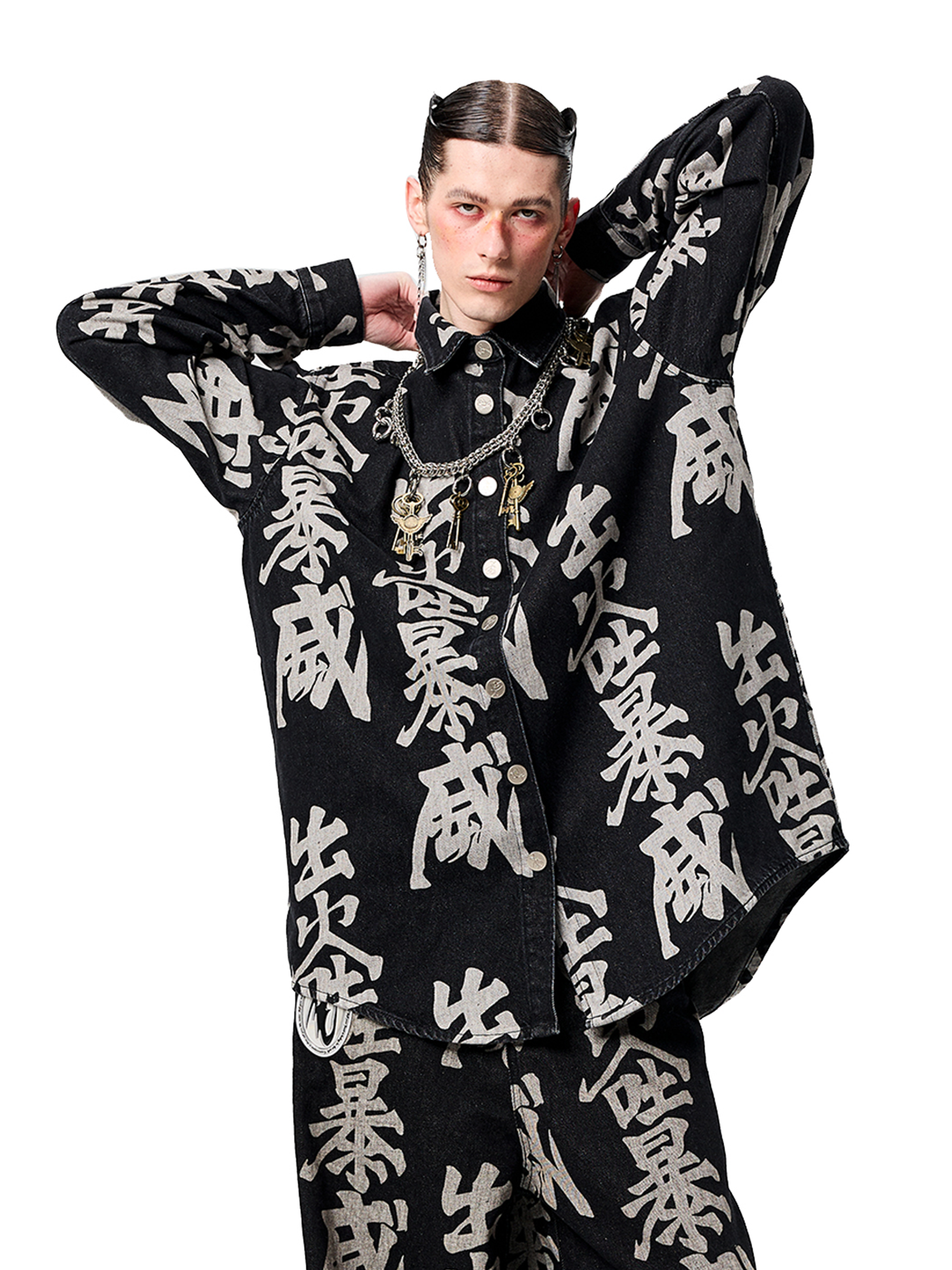 ERISSTOFF Washed Full-Print Oversized Denim Shirt-Shirt-S-Free Shipping Leatheretro