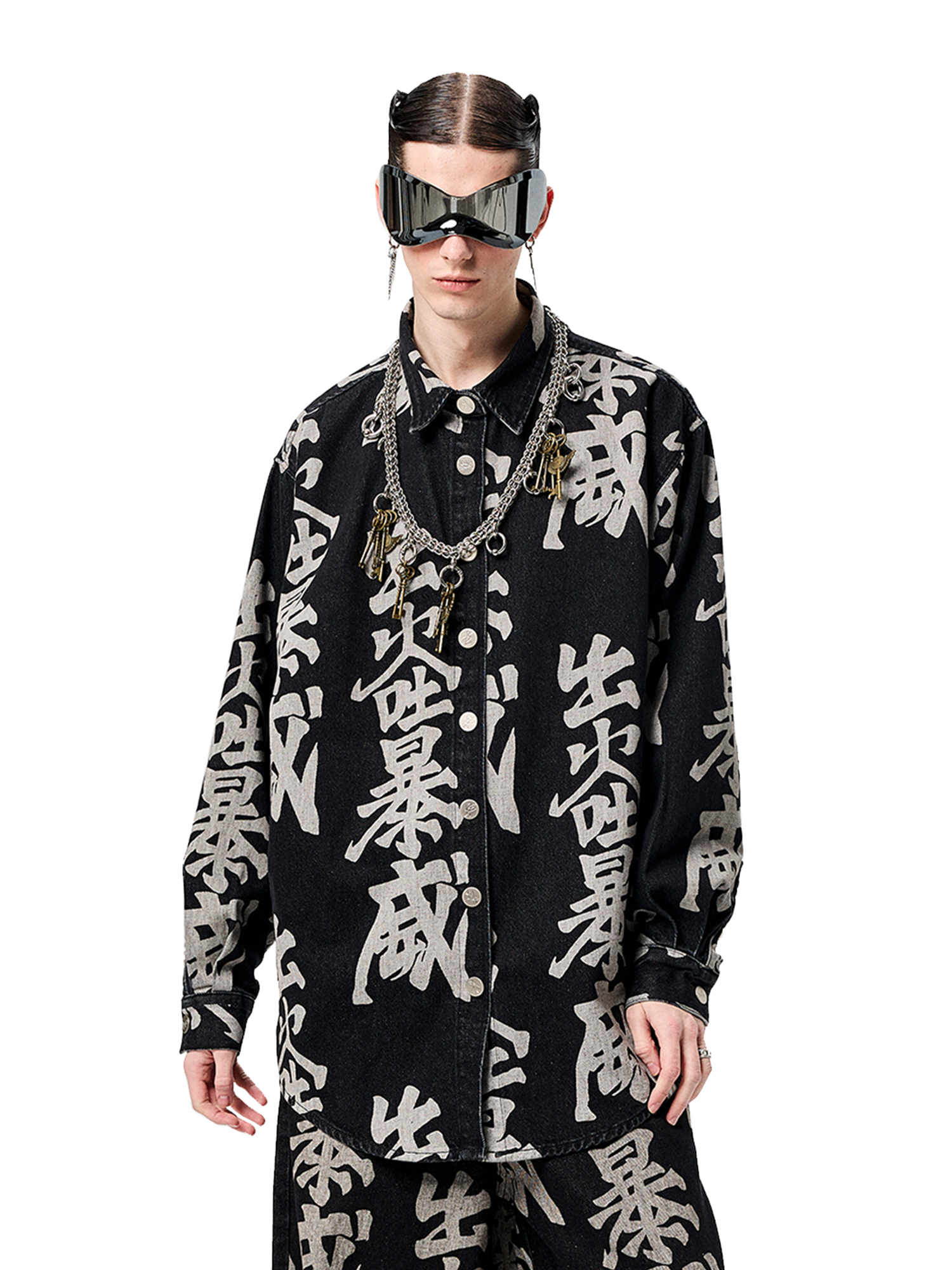 ERISSTOFF Washed Full-Print Oversized Denim Shirt-Shirt-S-Free Shipping Leatheretro
