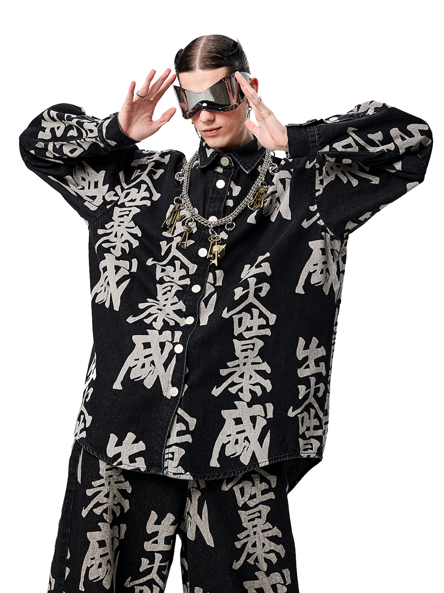ERISSTOFF Washed Full-Print Oversized Denim Shirt-Shirt-S-Free Shipping Leatheretro