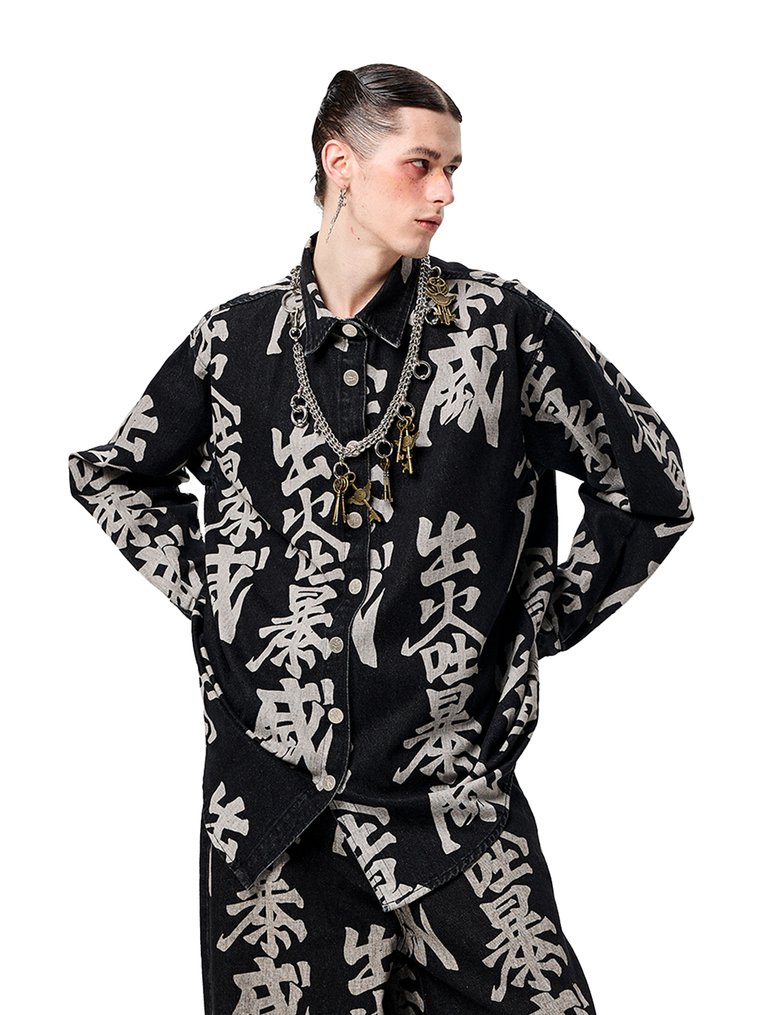 ERISSTOFF Washed Full-Print Oversized Denim Shirt-Shirt-S-Free Shipping Leatheretro