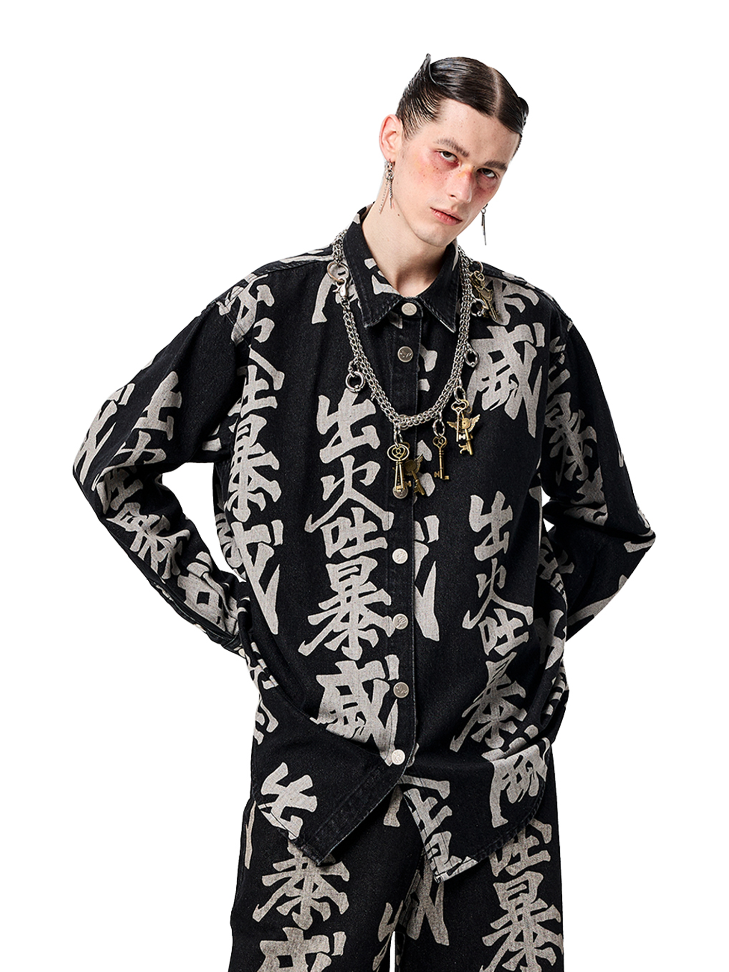 ERISSTOFF Washed Full-Print Oversized Denim Shirt-Shirt-S-Free Shipping Leatheretro