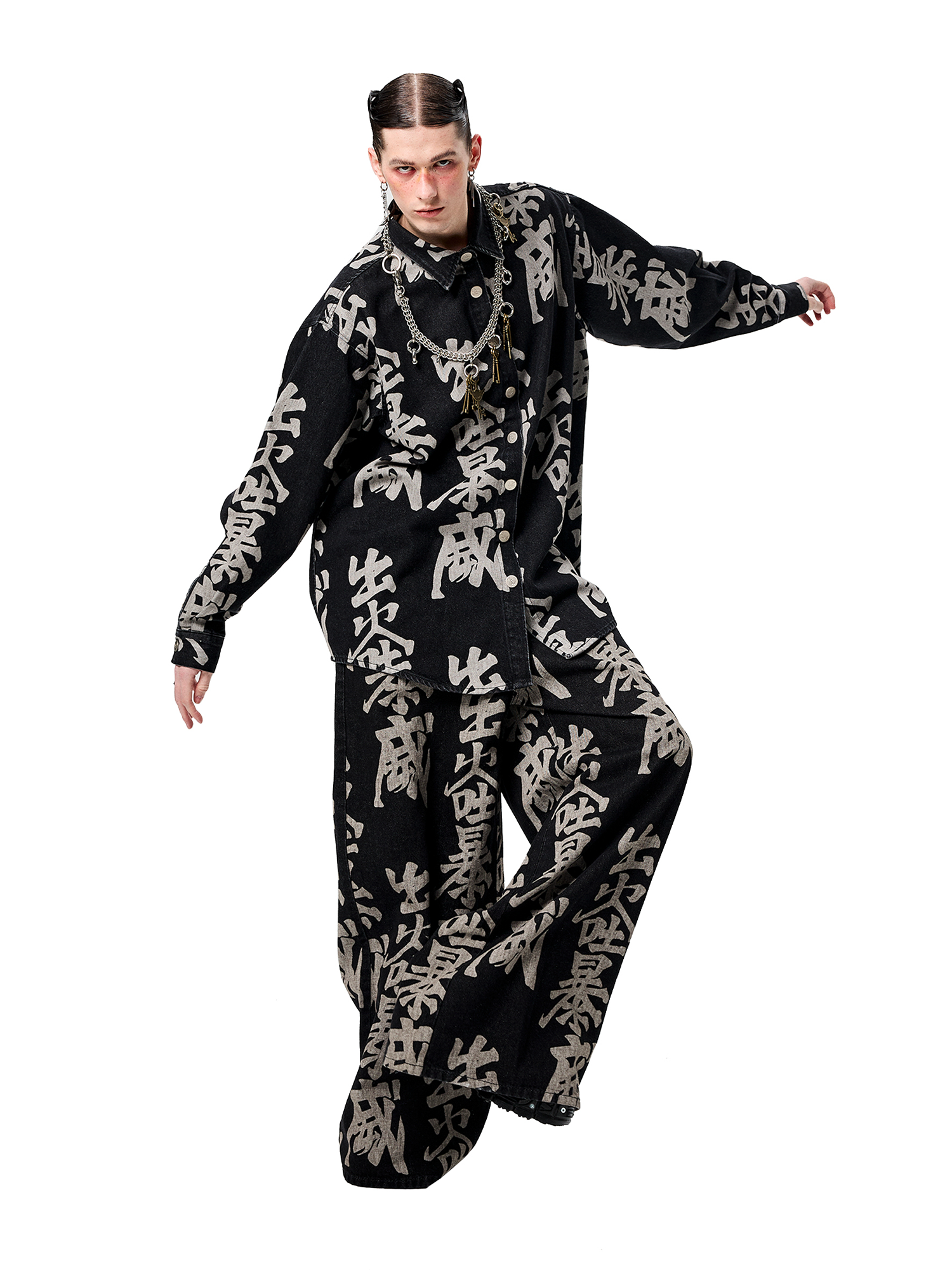 ERISSTOFF Washed Full-Print Oversized Denim Shirt-Shirt-S-Free Shipping Leatheretro
