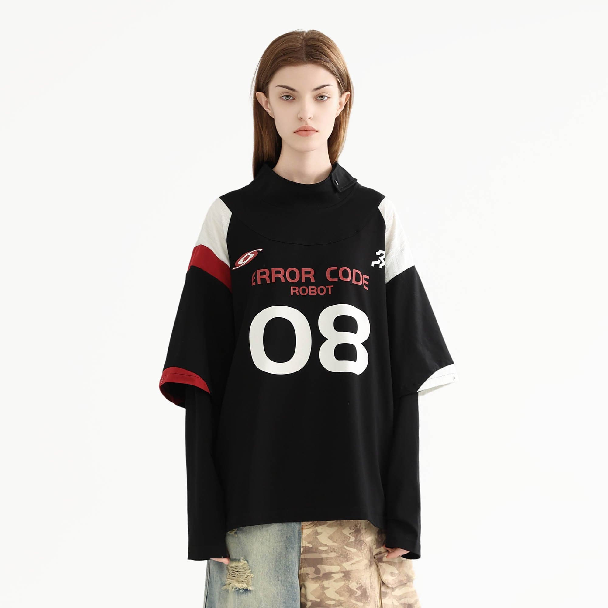 ERROR CODE ROBOT Button-Seam Contrast Detachable-Sleeve Tee-L/S Tee-S-Free Shipping Leatheretro