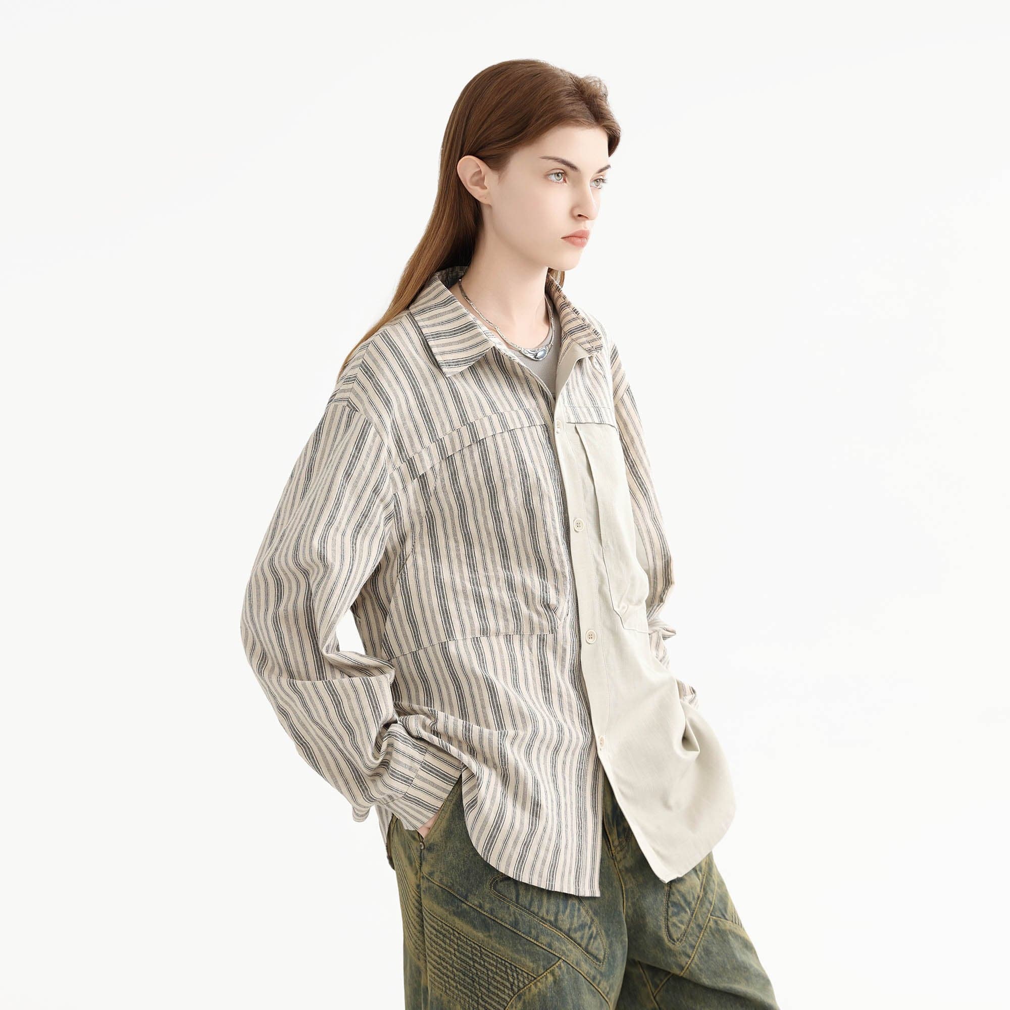 ERROR CODE ROBOT Paneled Striped Spliced Shirt-Shirt-S-Free Shipping Leatheretro