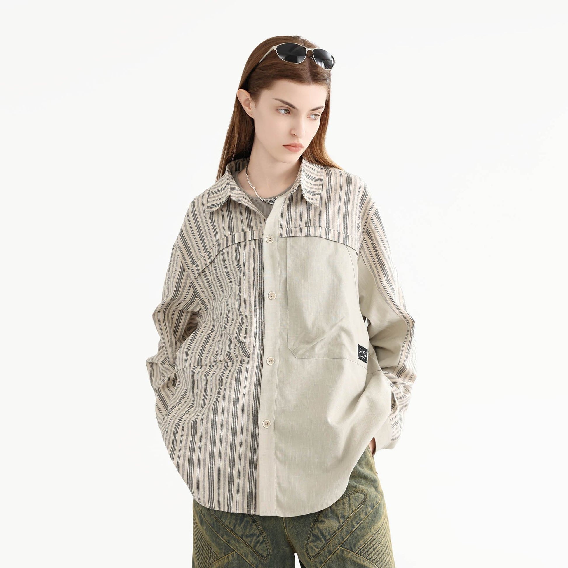 ERROR CODE ROBOT Paneled Striped Spliced Shirt-Shirt-S-Free Shipping Leatheretro