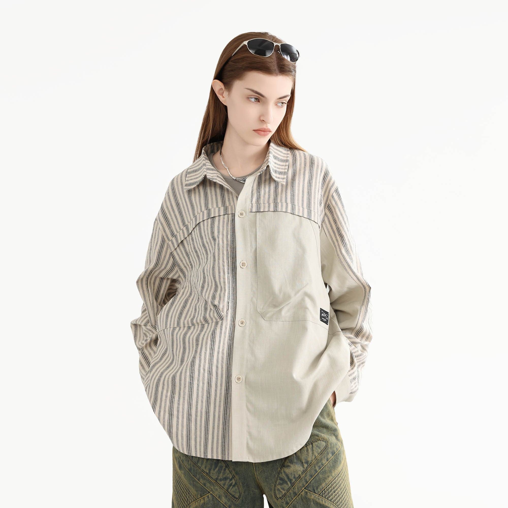 ERROR CODE ROBOT Paneled Striped Spliced Shirt-Shirt-S-Free Shipping Leatheretro