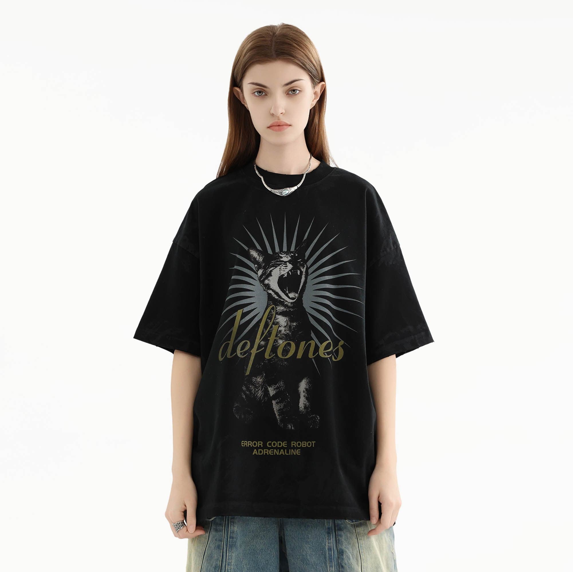 ERROR CODE ROBOT Screaming Cat Graphic Washed T-Shirt-T Shirt-S-Free Shipping Leatheretro