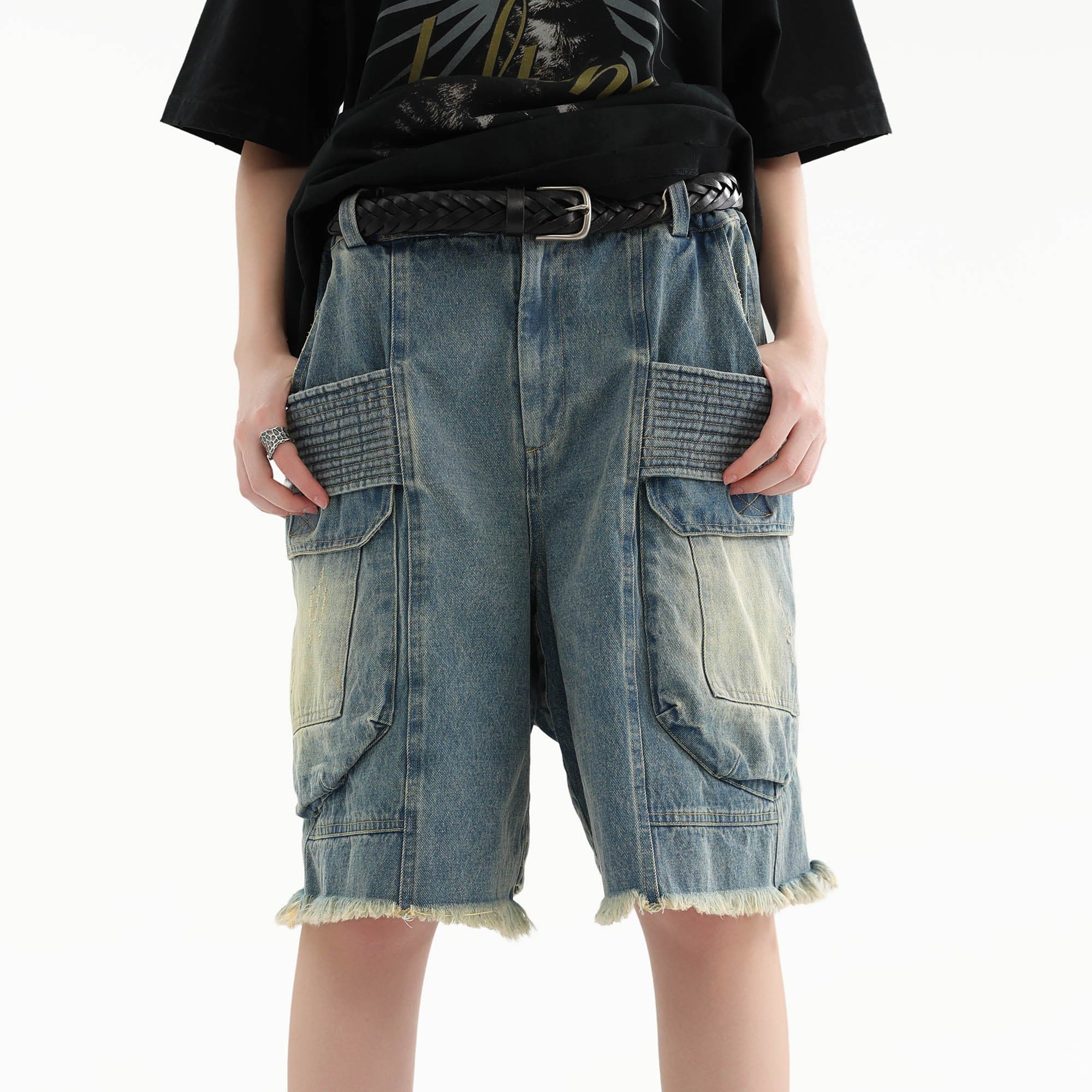 ERROR CODE ROBOT Washed Fringe Multi-Pocket Denim Shorts-Shorts-S-Free Shipping Leatheretro