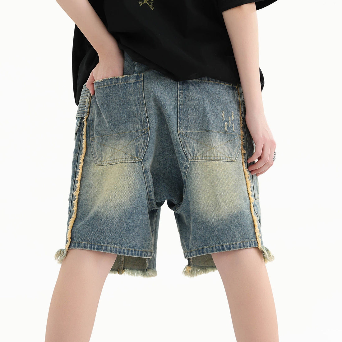 ERROR CODE ROBOT Washed Fringe Multi-Pocket Denim Shorts-Shorts-S-Free Shipping Leatheretro
