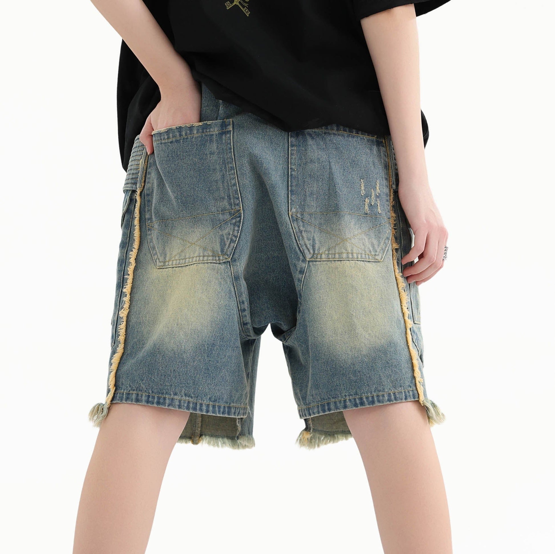 ERROR CODE ROBOT Washed Fringe Multi-Pocket Denim Shorts-Shorts-S-Free Shipping Leatheretro