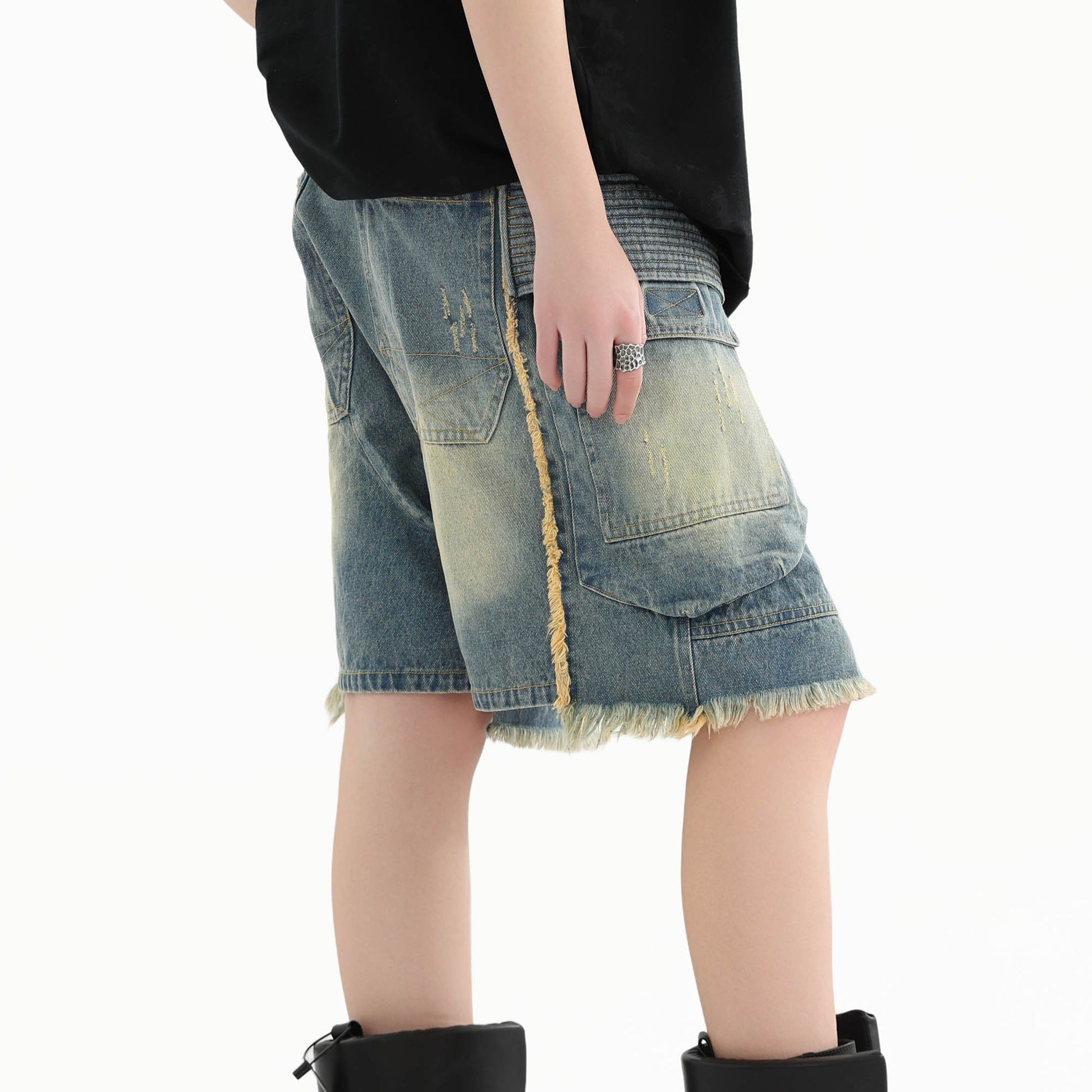 ERROR CODE ROBOT Washed Fringe Multi-Pocket Denim Shorts-Shorts-S-Free Shipping Leatheretro