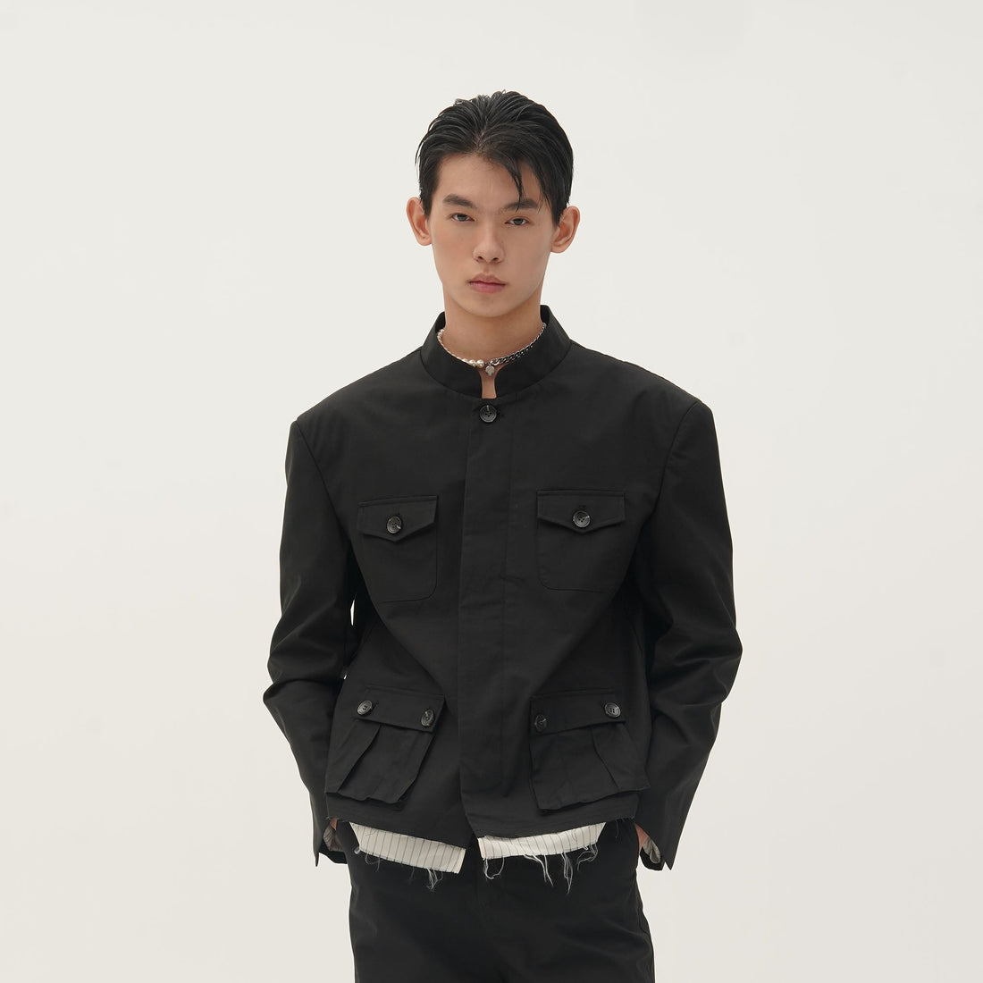 ORAL UTOPIA Faux Layered Hem Mandarin Collar Jacket-Jacket-S-Free Shipping Leatheretro