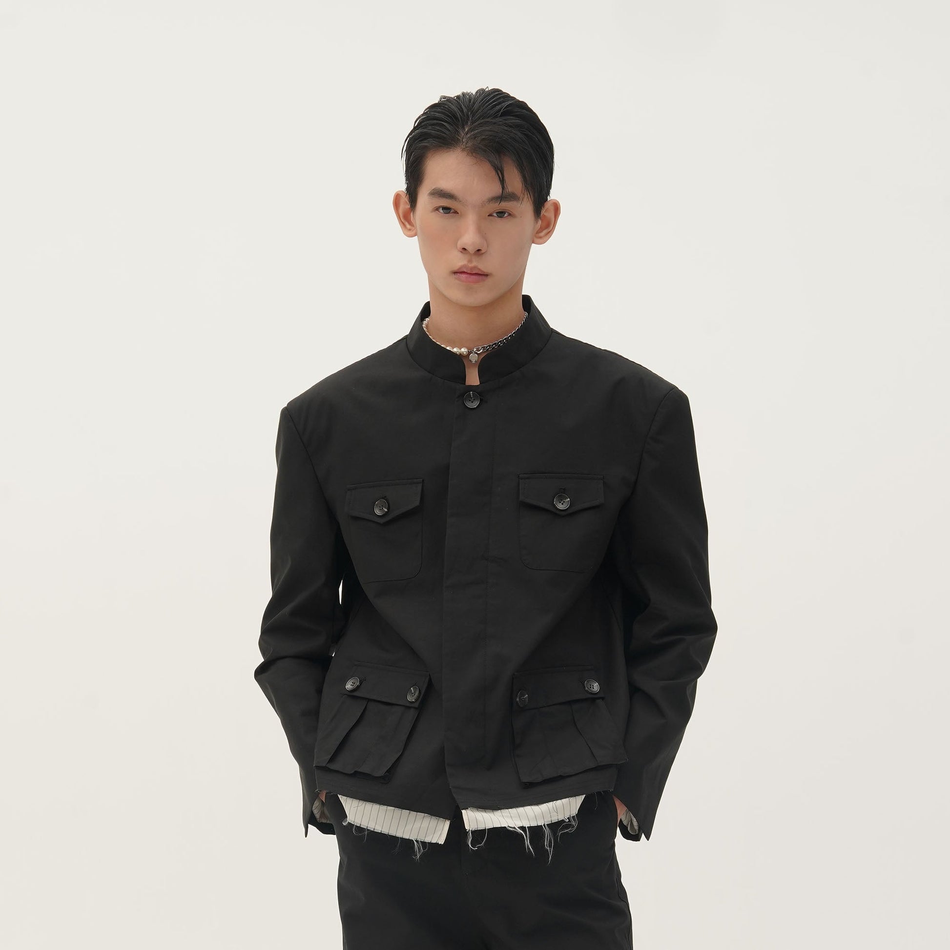 ORAL UTOPIA Faux Layered Hem Mandarin Collar Jacket-Jacket-S-Free Shipping Leatheretro