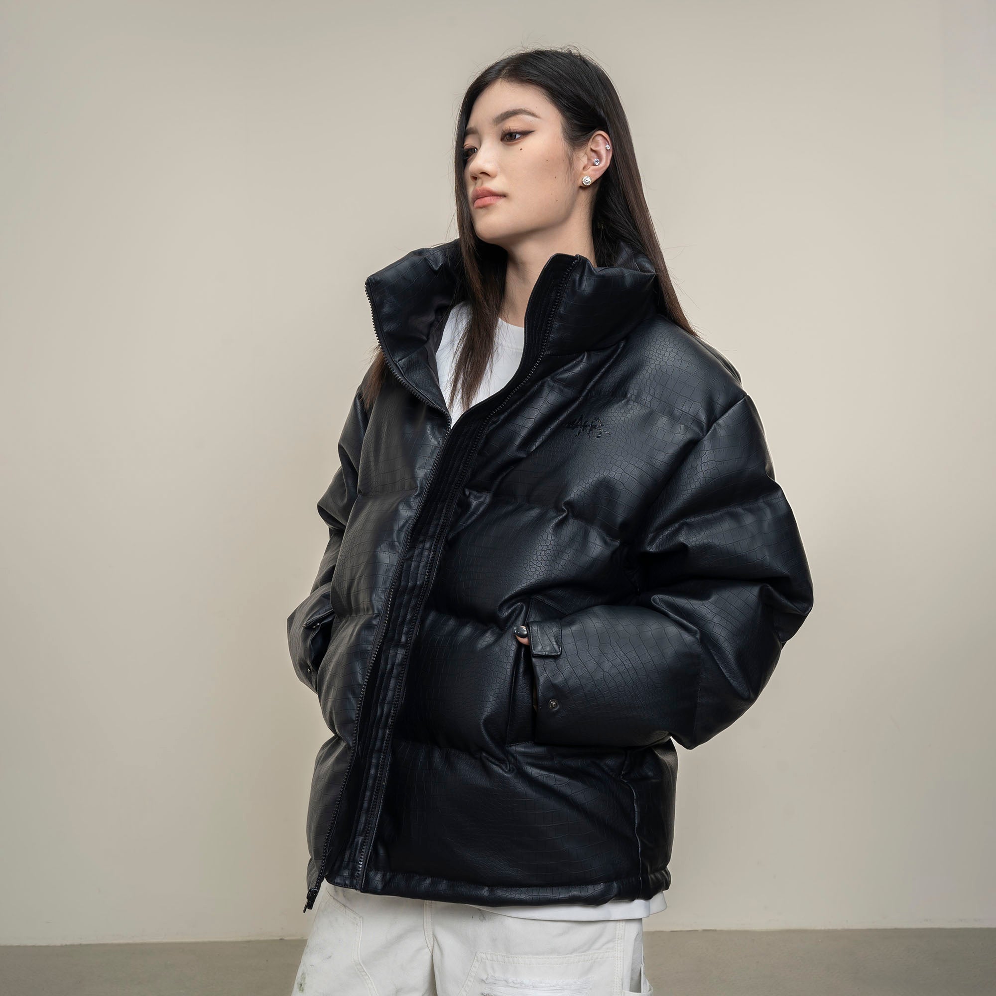 MAKEMORE Croc Embossed PU Down Puffer Jacket-Jacket-M-Free Shipping Leatheretro