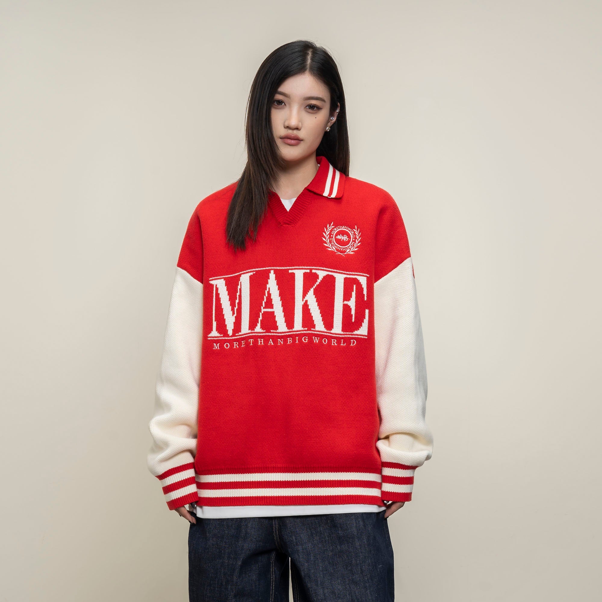 MAKEMORE Varsity Polo Collar Embroidered Badge Sweater-Sweater-S-Red-Free Shipping Leatheretro