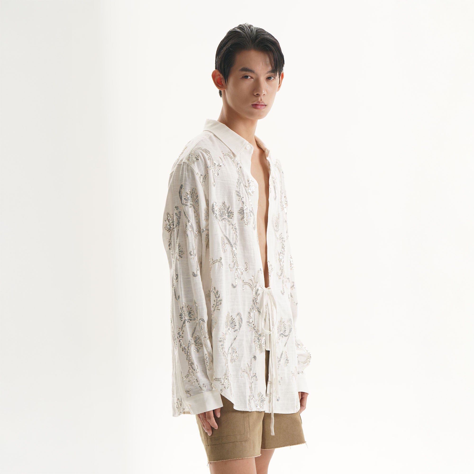 ORAL UTOPIA Ornate Sequin Embroidered Linen-Blended Tie Shirt-Shirt-S-Free Shipping Leatheretro