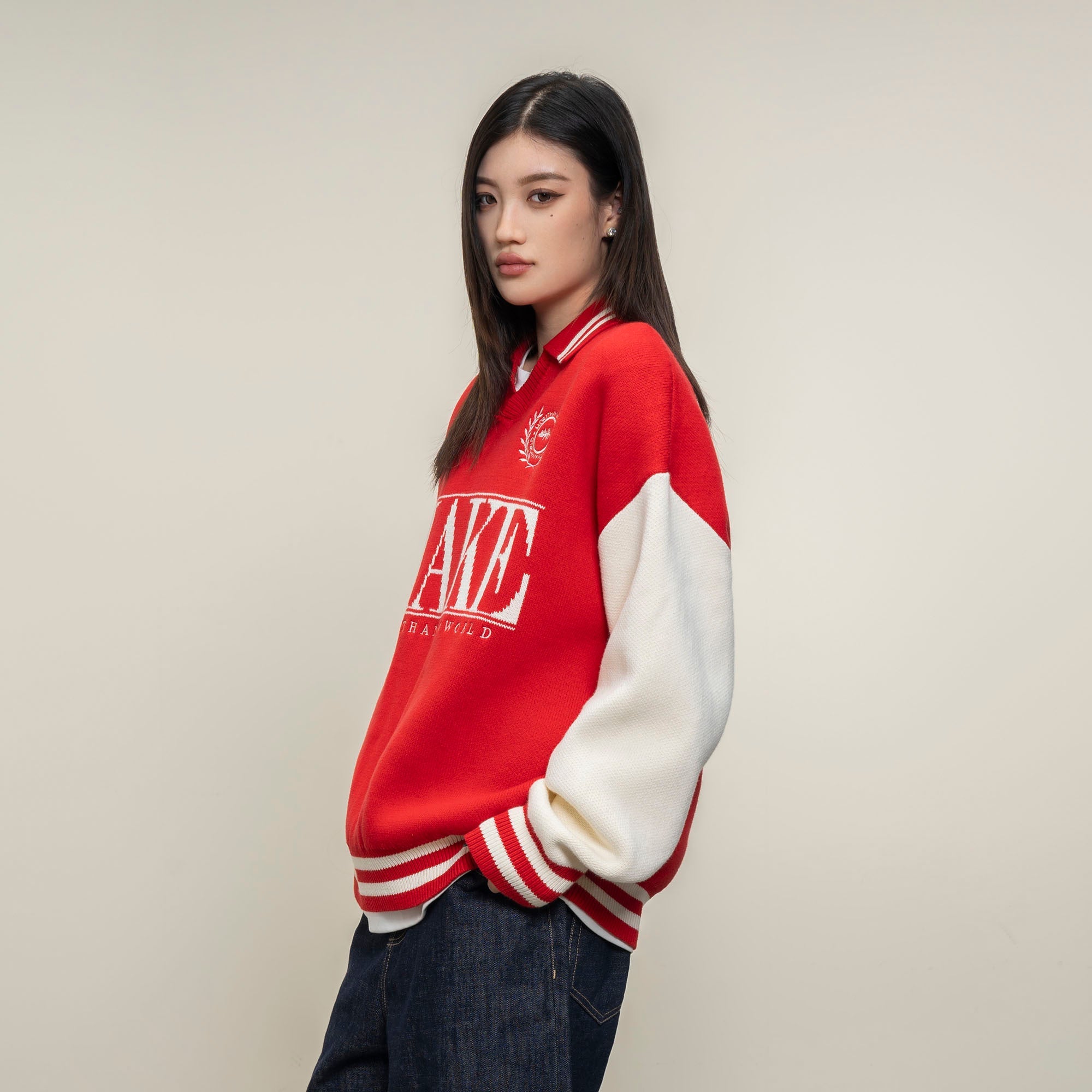 MAKEMORE Varsity Polo Collar Embroidered Badge Sweater-Sweater-S-Black-Free Shipping Leatheretro