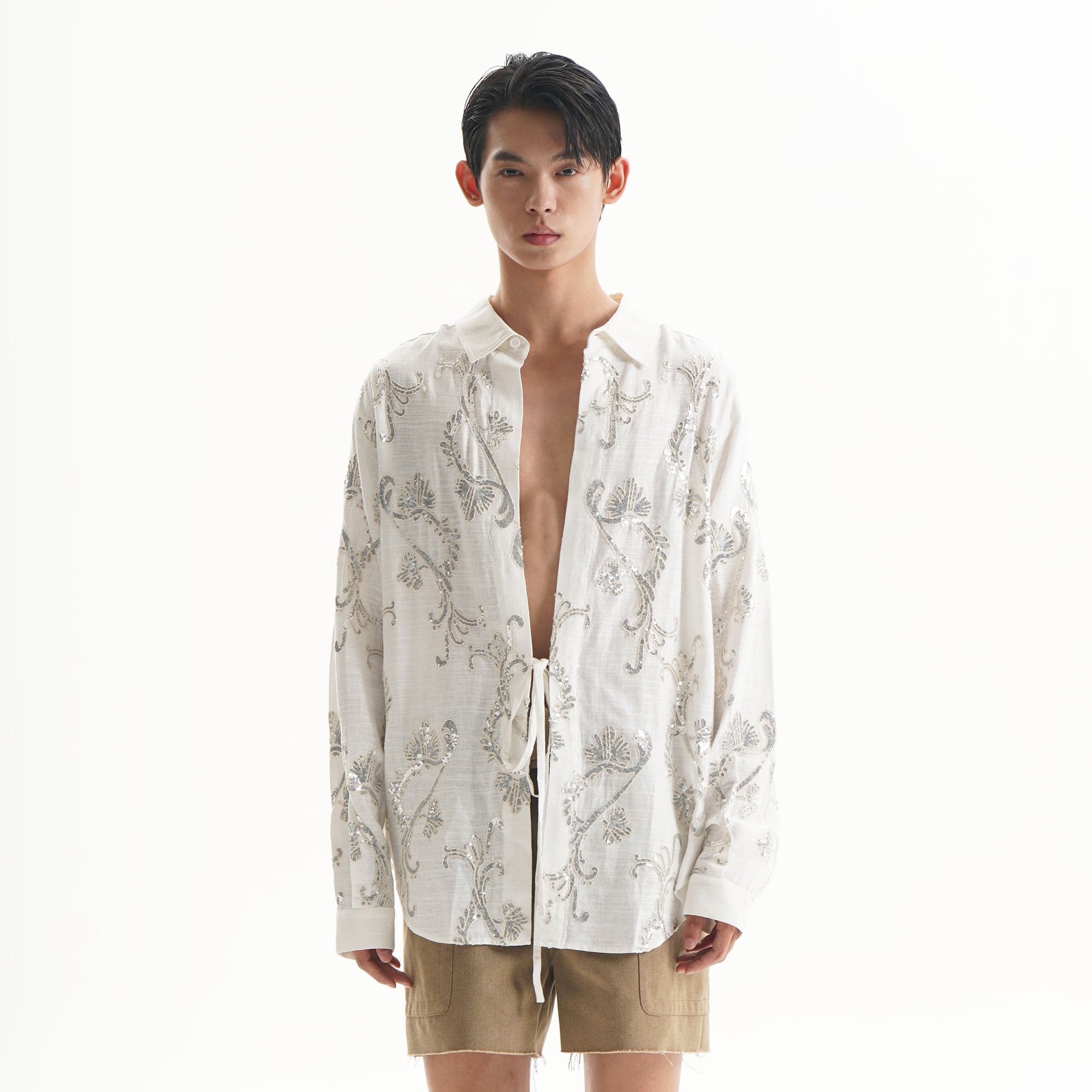 ORAL UTOPIA Ornate Sequin Embroidered Linen-Blended Tie Shirt-Shirt-S-Free Shipping Leatheretro