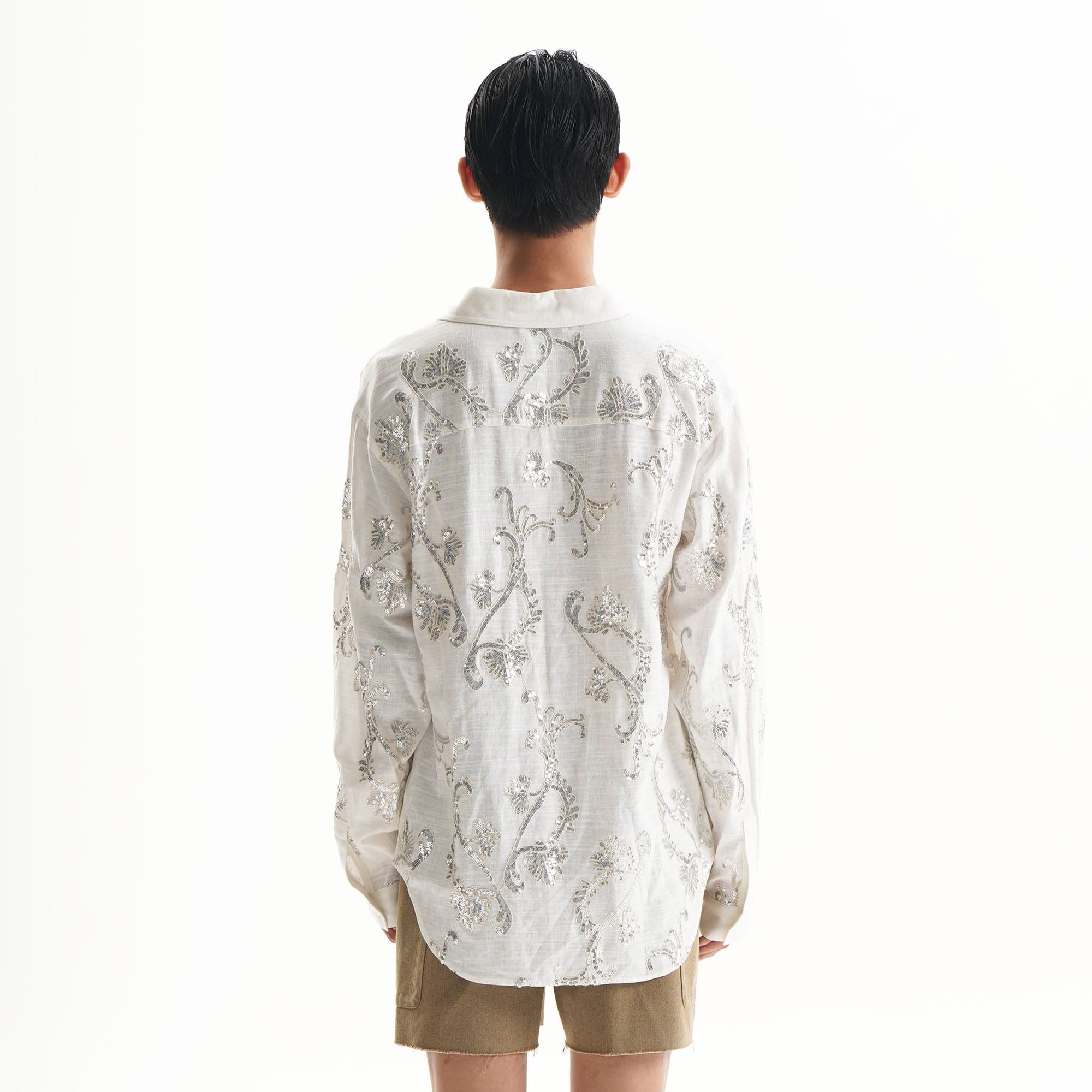 ORAL UTOPIA Ornate Sequin Embroidered Linen-Blended Tie Shirt-Shirt-S-Free Shipping Leatheretro