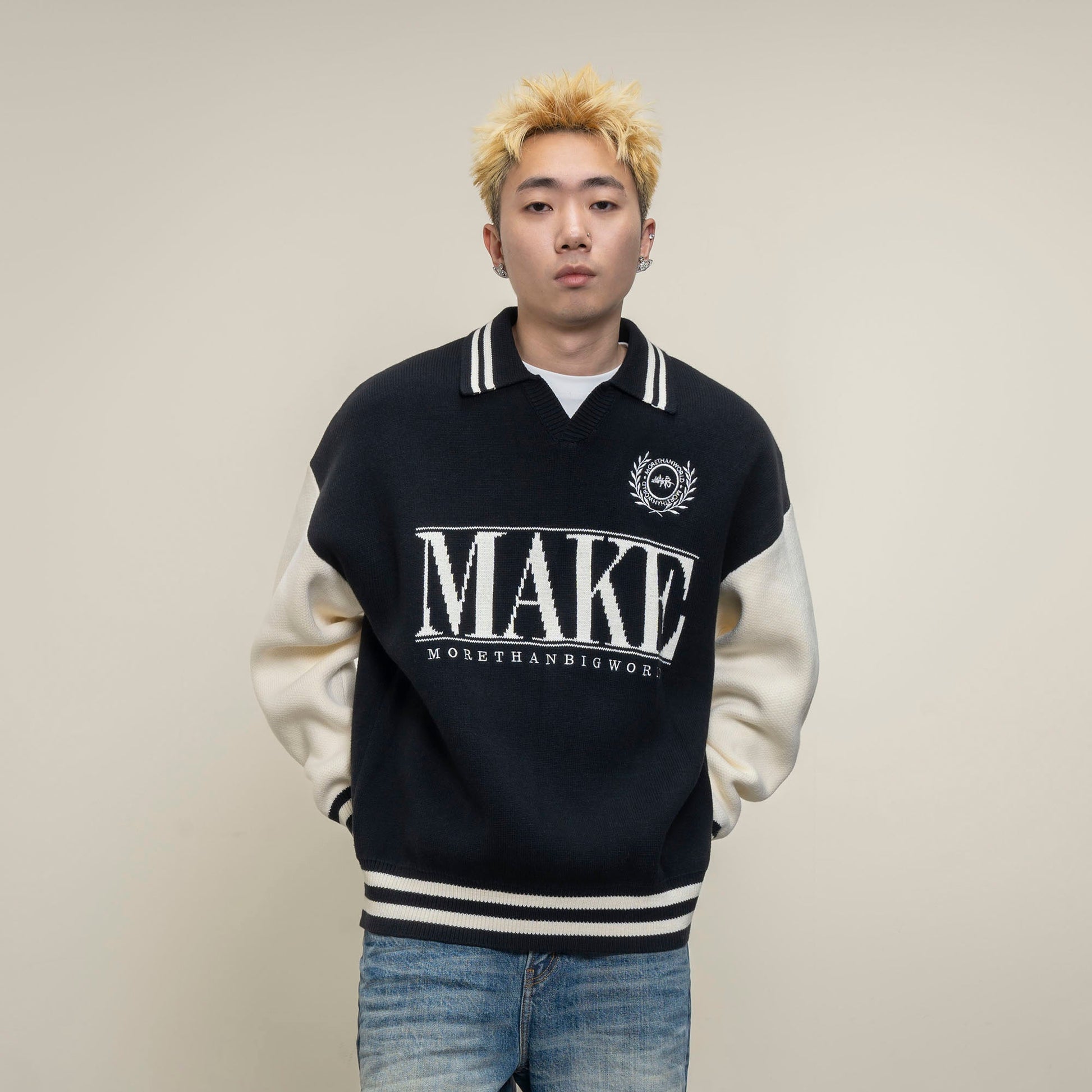 MAKEMORE Varsity Polo Collar Embroidered Badge Sweater-Sweater-S-Black-Free Shipping Leatheretro