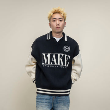 MAKEMORE Varsity Polo Collar Embroidered Badge Sweater-Sweater-S-Black-Free Shipping Leatheretro