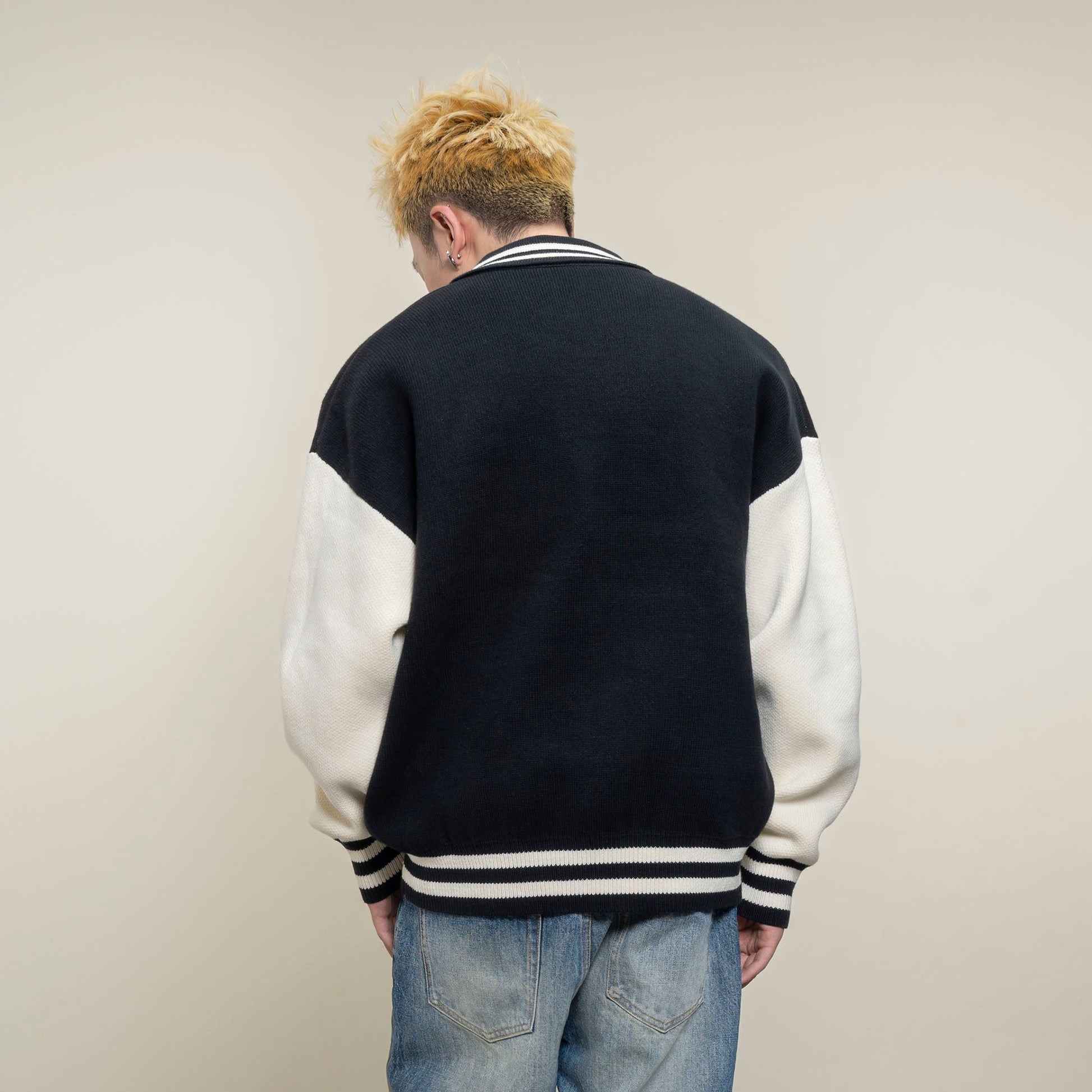 MAKEMORE Varsity Polo Collar Embroidered Badge Sweater-Sweater-S-Black-Free Shipping Leatheretro