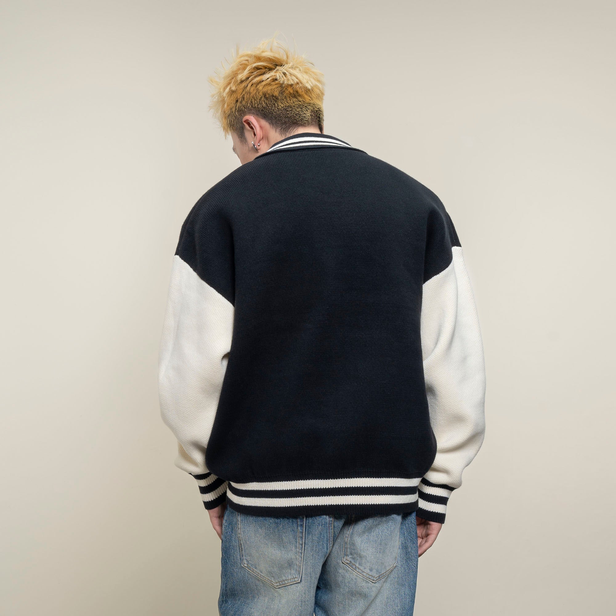 MAKEMORE Varsity Polo Collar Embroidered Badge Sweater-Sweater-S-Black-Free Shipping Leatheretro