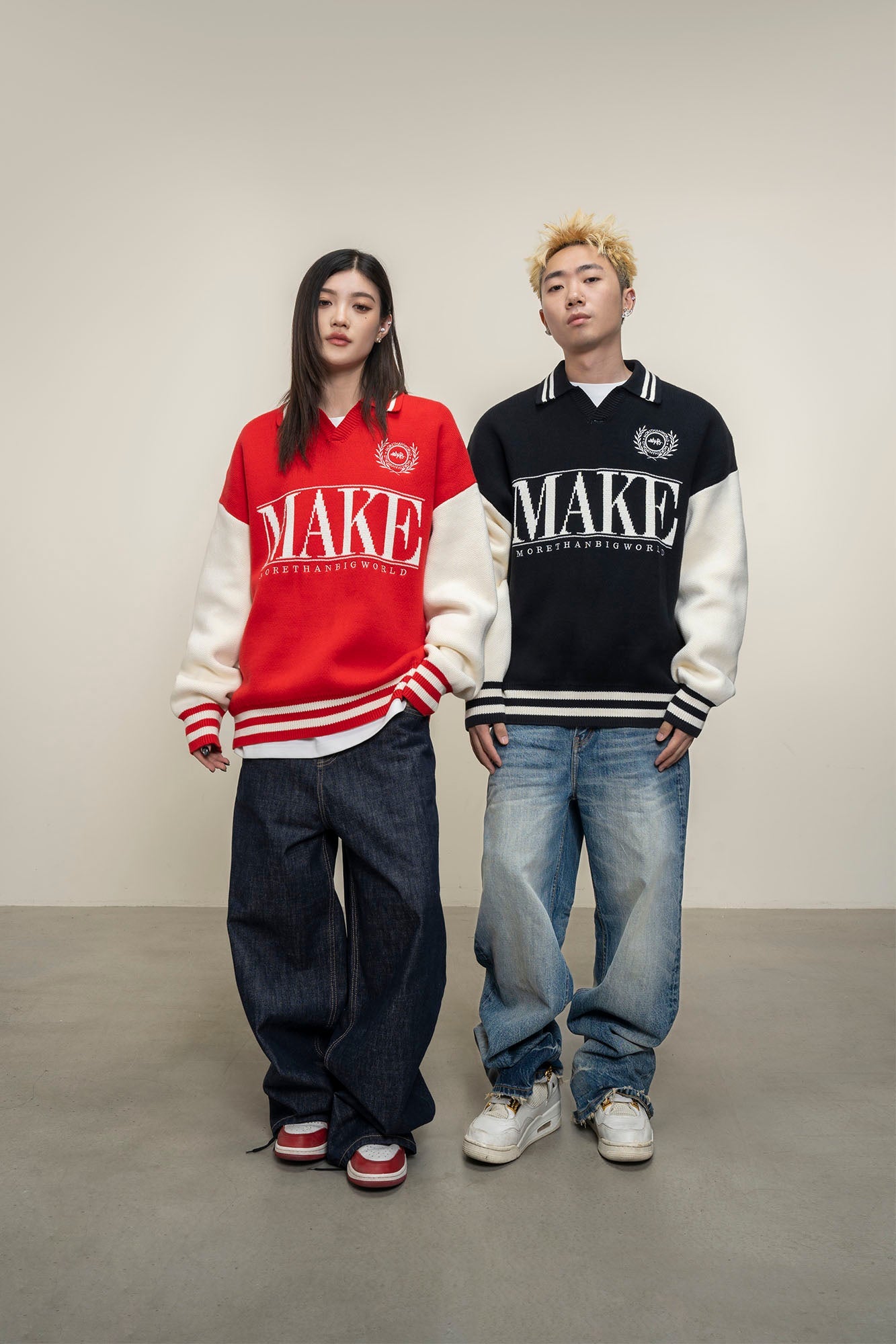 MAKEMORE Varsity Polo Collar Embroidered Badge Sweater-Sweater-S-Black-Free Shipping Leatheretro