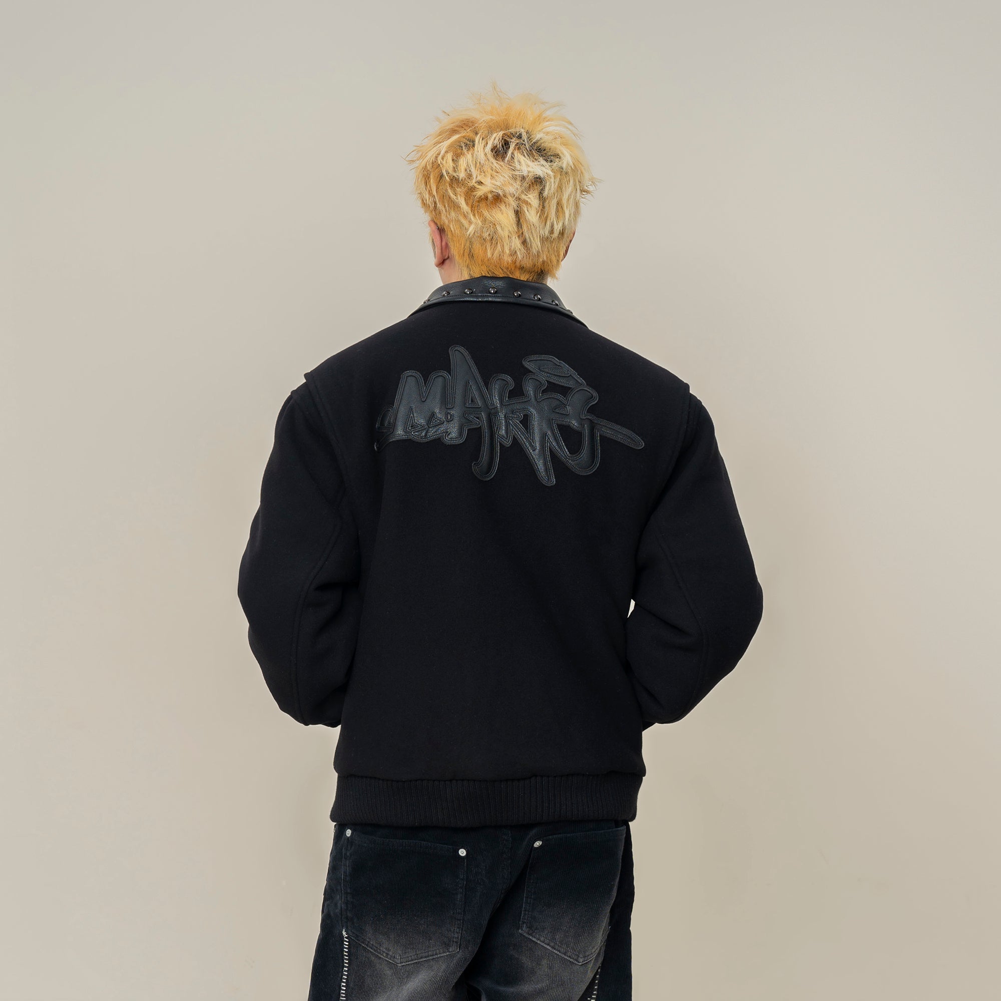 MAKEMORE Studded Collar Wool-Blend Jacket-Jacket-M-Free Shipping Leatheretro