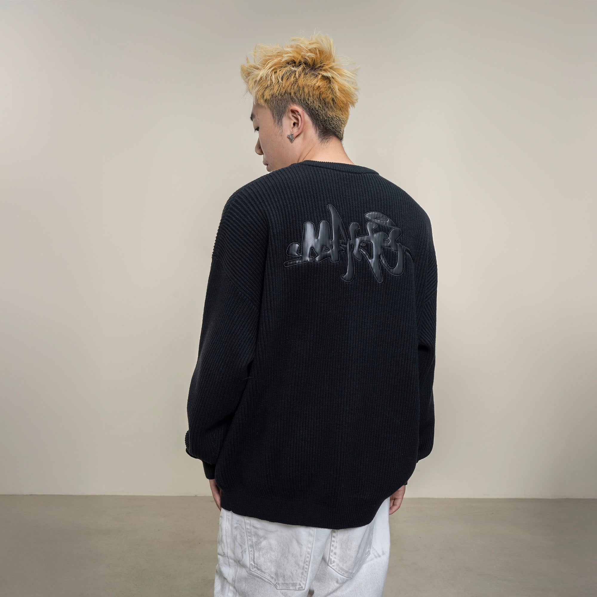 MAKEMORE Embossed Logo Rib Sweater-Sweater-S-Black-Free Shipping Leatheretro