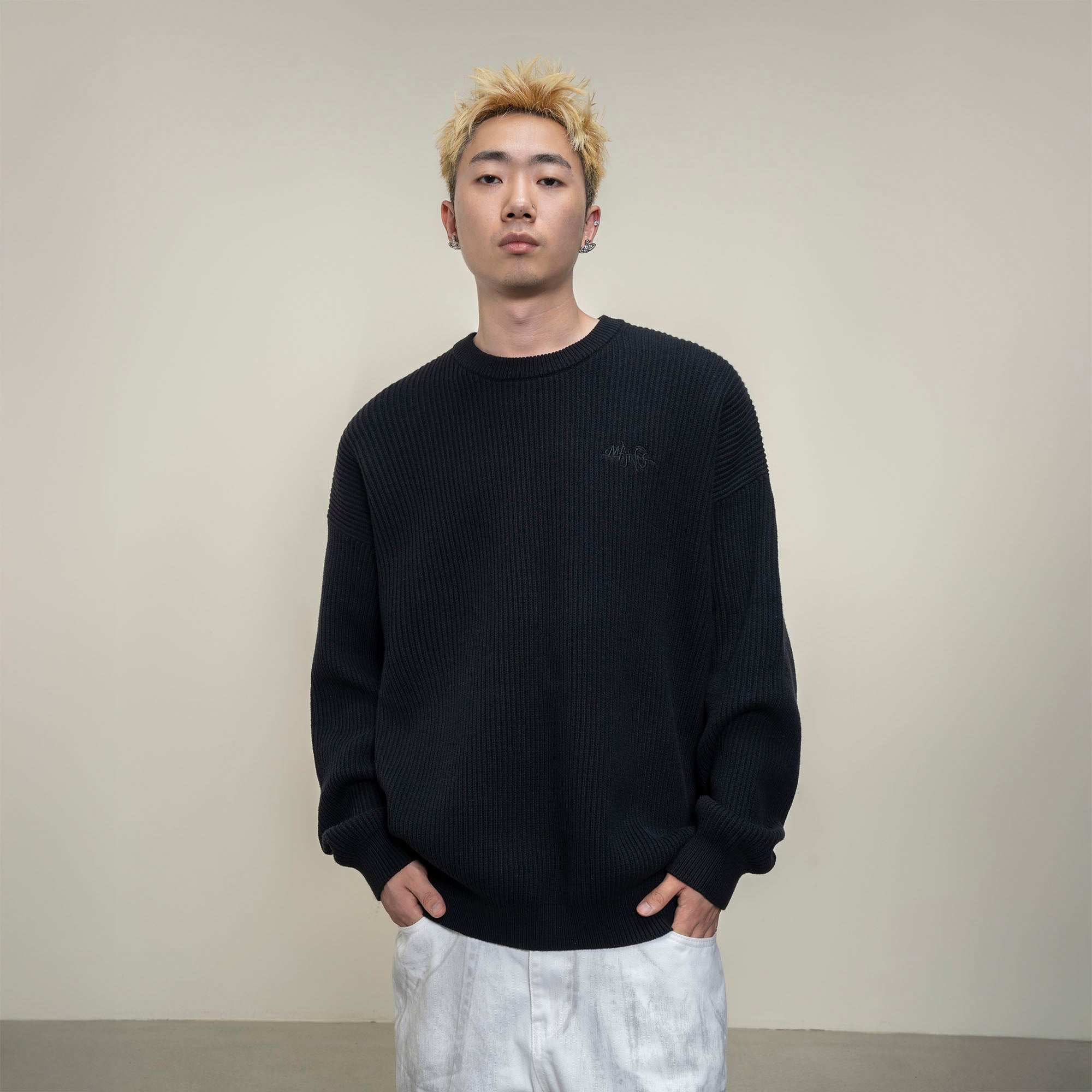 MAKEMORE Embossed Logo Rib Sweater-Sweater-S-Black-Free Shipping Leatheretro