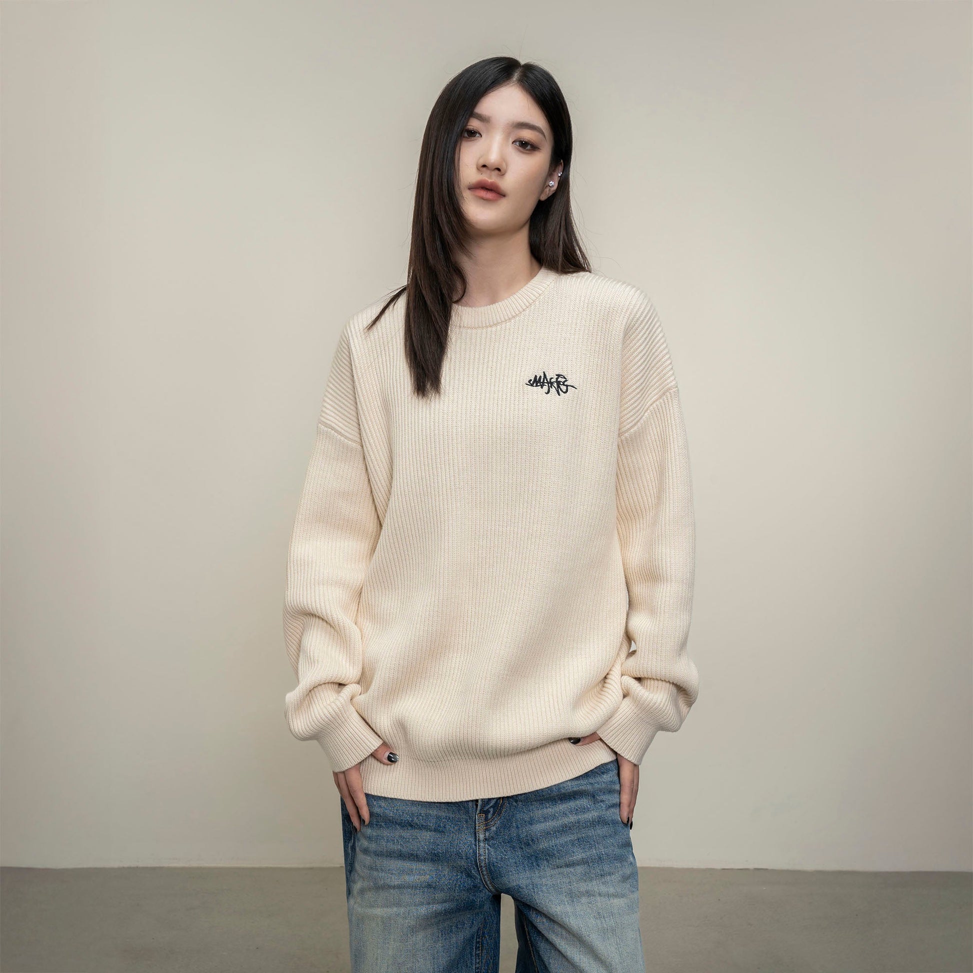 MAKEMORE Embossed Logo Rib Sweater-Sweater-S-Beige-Free Shipping Leatheretro