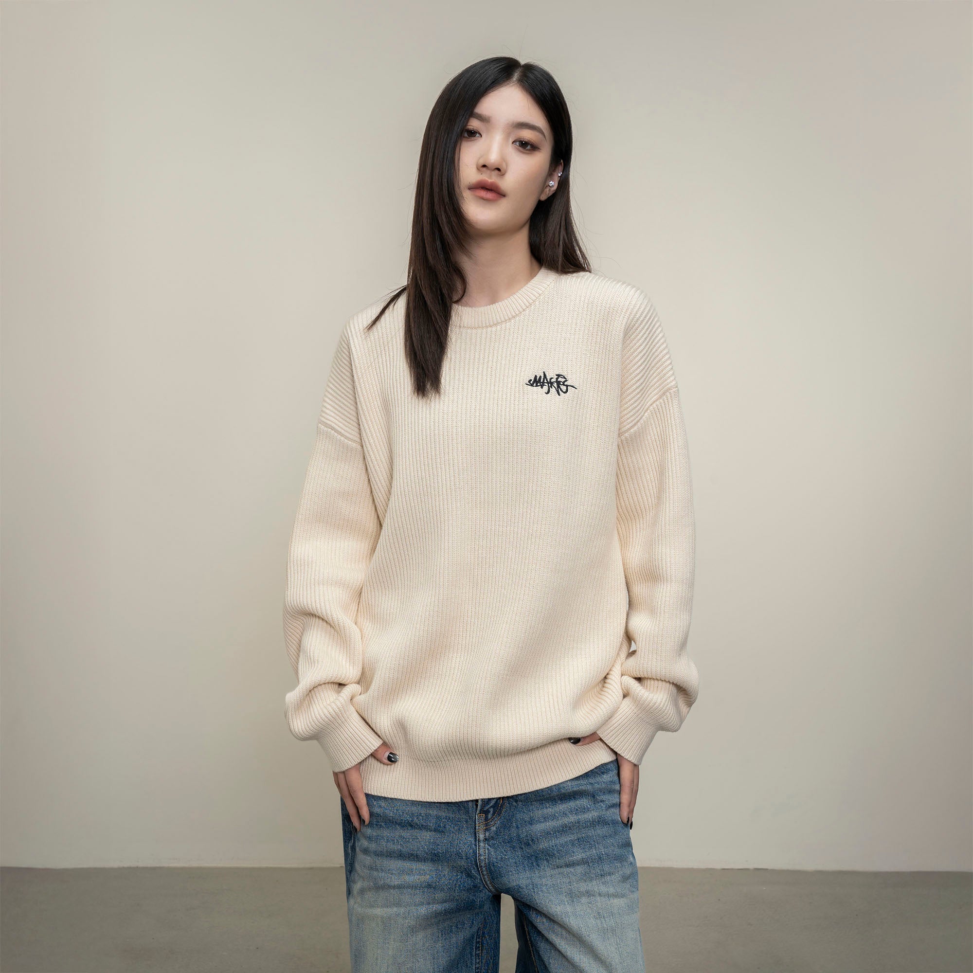 MAKEMORE Embossed Logo Rib Sweater-Sweater-S-Beige-Free Shipping Leatheretro