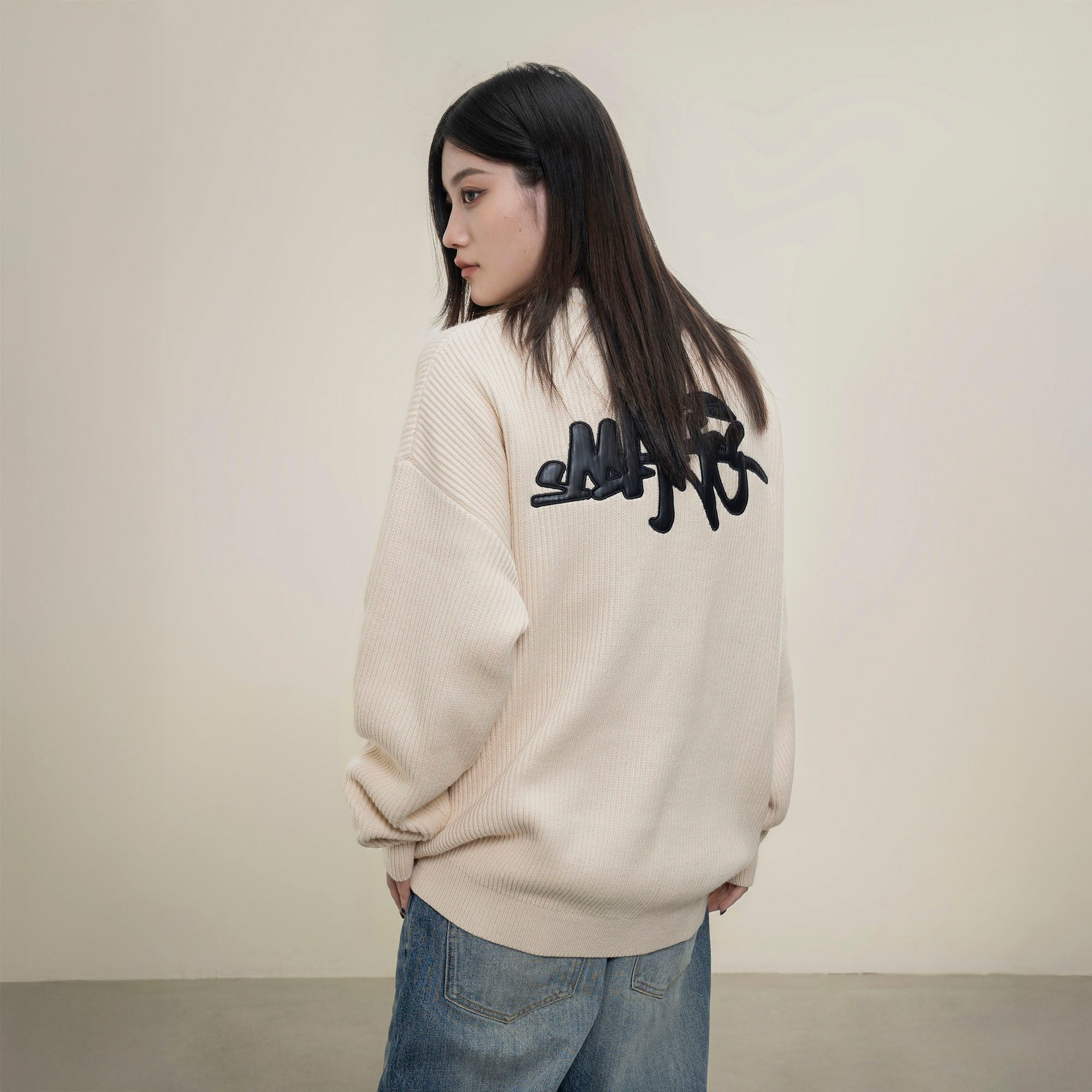 MAKEMORE Embossed Logo Rib Sweater-Sweater-S-Black-Free Shipping Leatheretro