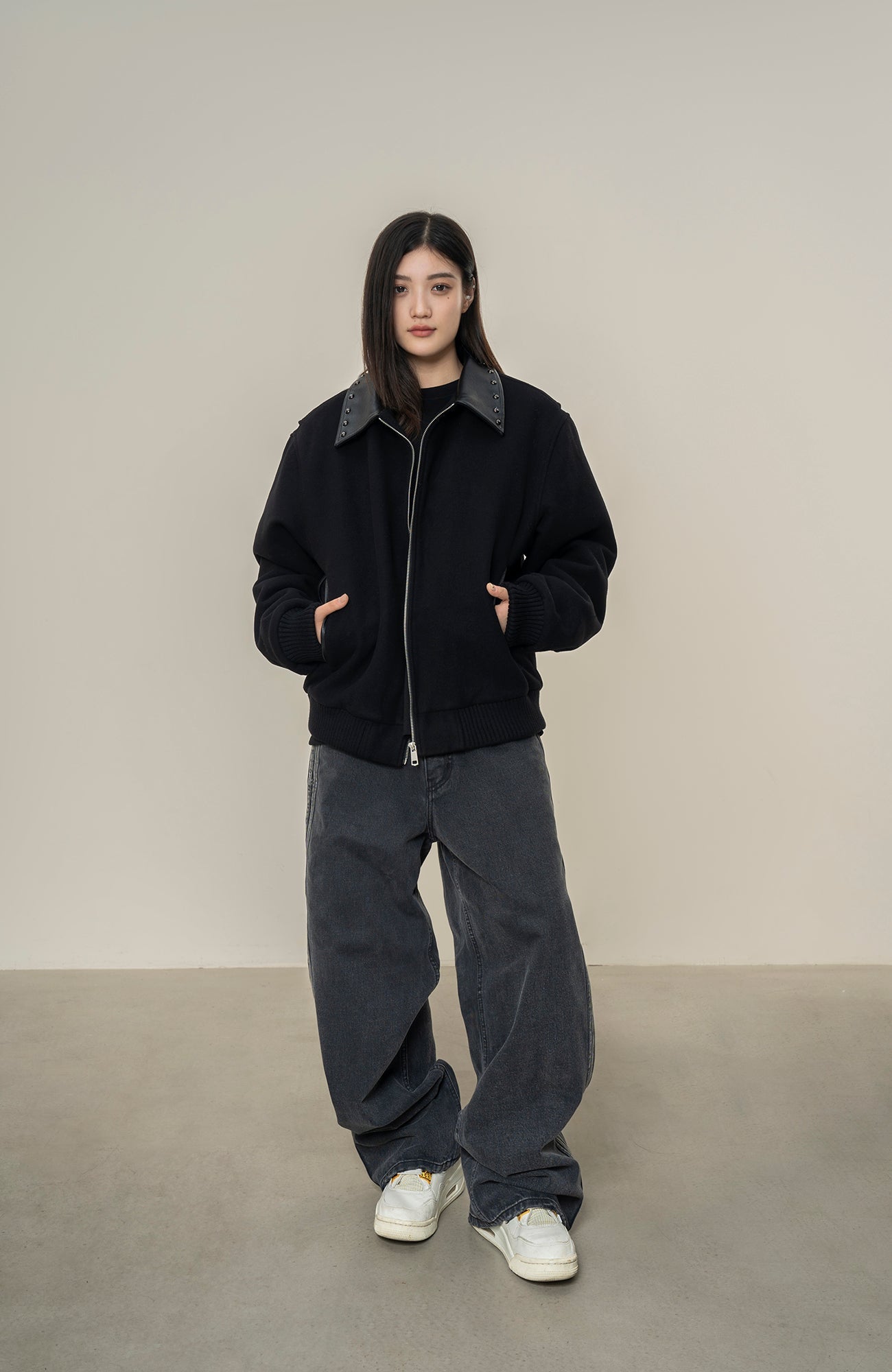 MAKEMORE Studded Collar Wool-Blend Jacket-Jacket-M-Free Shipping Leatheretro