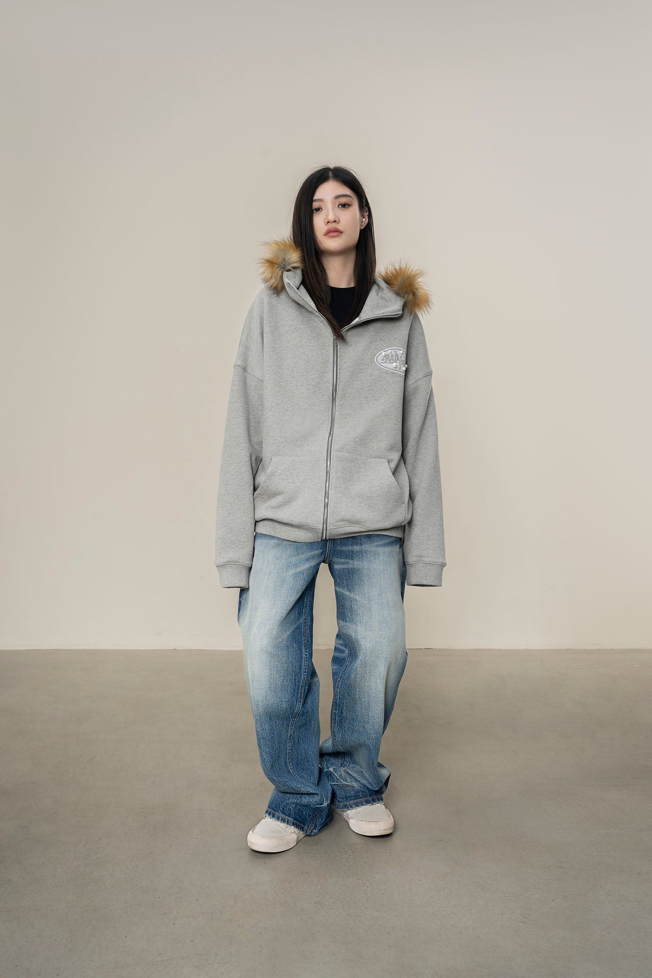 MAKEMORE Faux Fur Trim Pearl Patch Hooded Jacket-Jacket-S-Black-Free Shipping Leatheretro