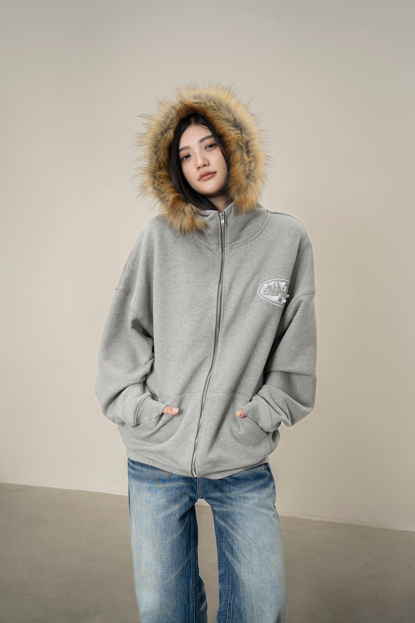 MAKEMORE Faux Fur Trim Pearl Patch Hooded Jacket-Jacket-S-Black-Free Shipping Leatheretro