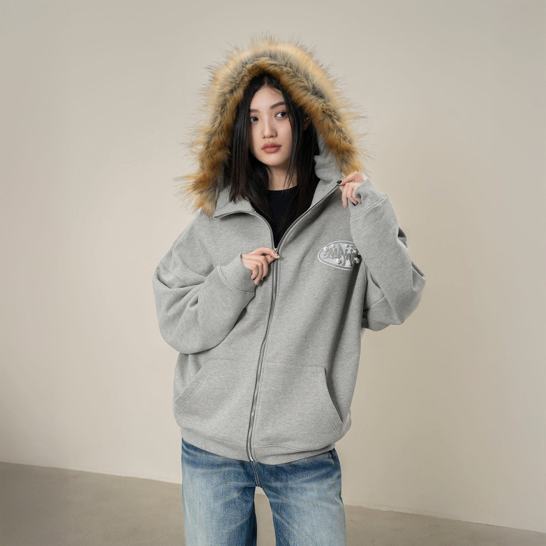 MAKEMORE Faux Fur Trim Pearl Patch Hooded Jacket-Jacket-S-Black-Free Shipping Leatheretro