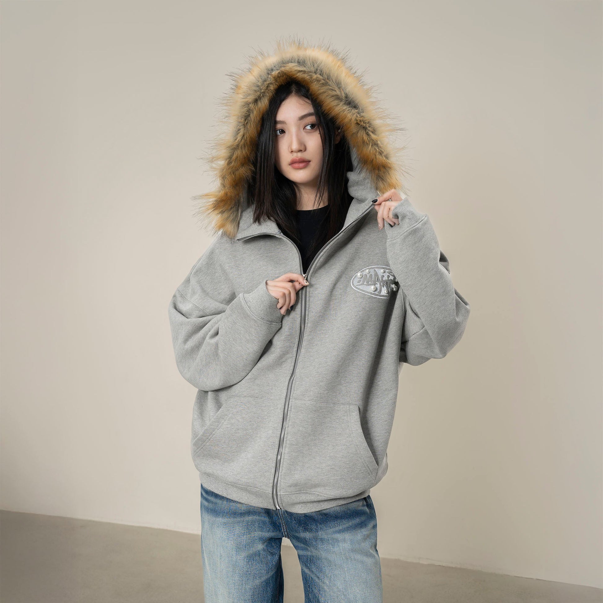 MAKEMORE Faux Fur Trim Pearl Patch Hooded Jacket-Jacket-S-Gray-Free Shipping Leatheretro