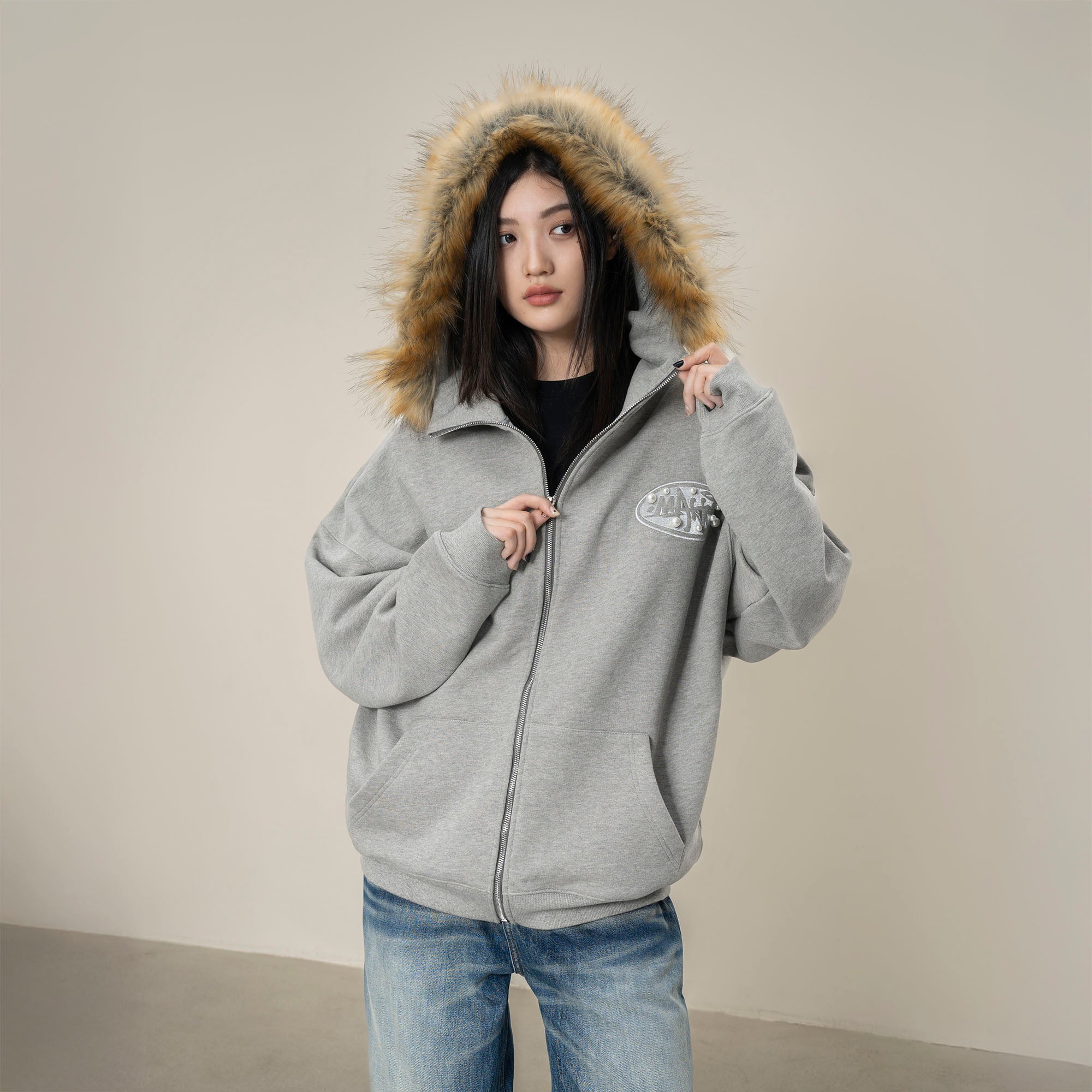 MAKEMORE Faux Fur Trim Pearl Patch Hooded Jacket-Jacket-S-Gray-Free Shipping Leatheretro