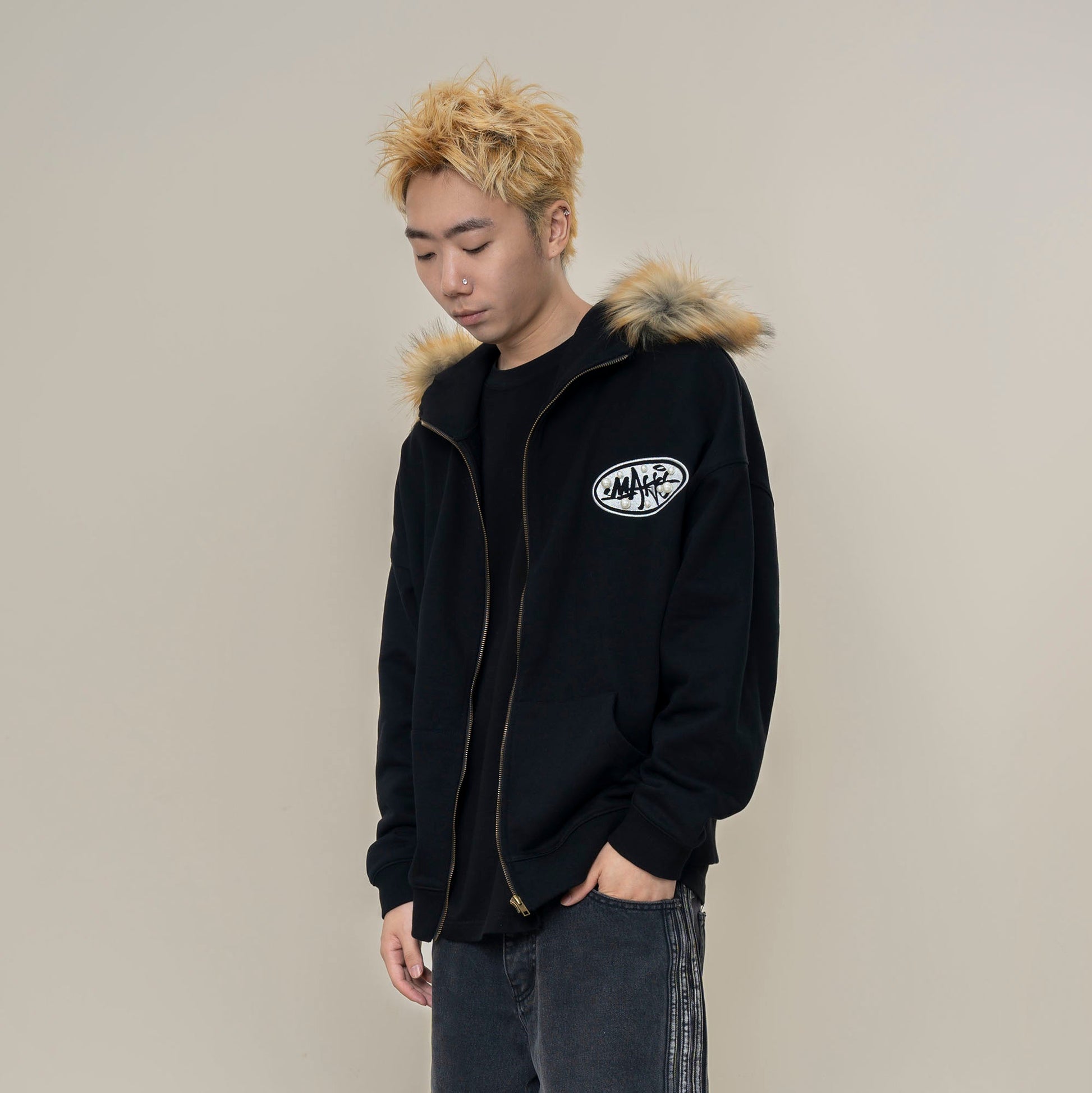 MAKEMORE Faux Fur Trim Pearl Patch Hooded Jacket-Jacket-S-Black-Free Shipping Leatheretro