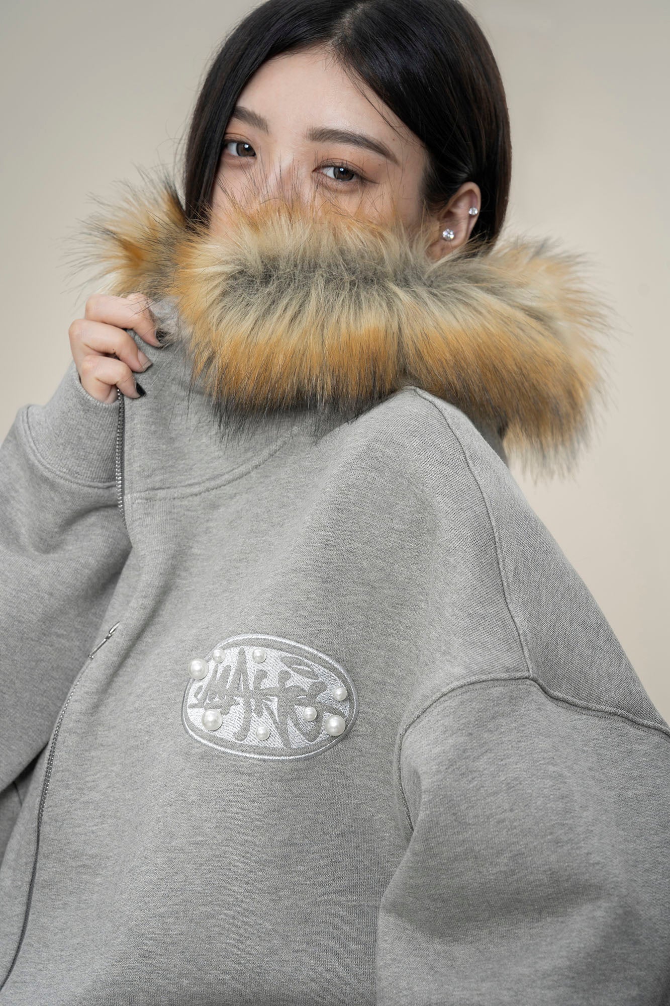 MAKEMORE Faux Fur Trim Pearl Patch Hooded Jacket-Jacket-S-Black-Free Shipping Leatheretro