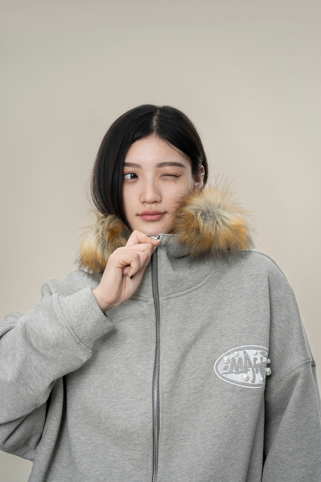 MAKEMORE Faux Fur Trim Pearl Patch Hooded Jacket-Jacket-S-Black-Free Shipping Leatheretro